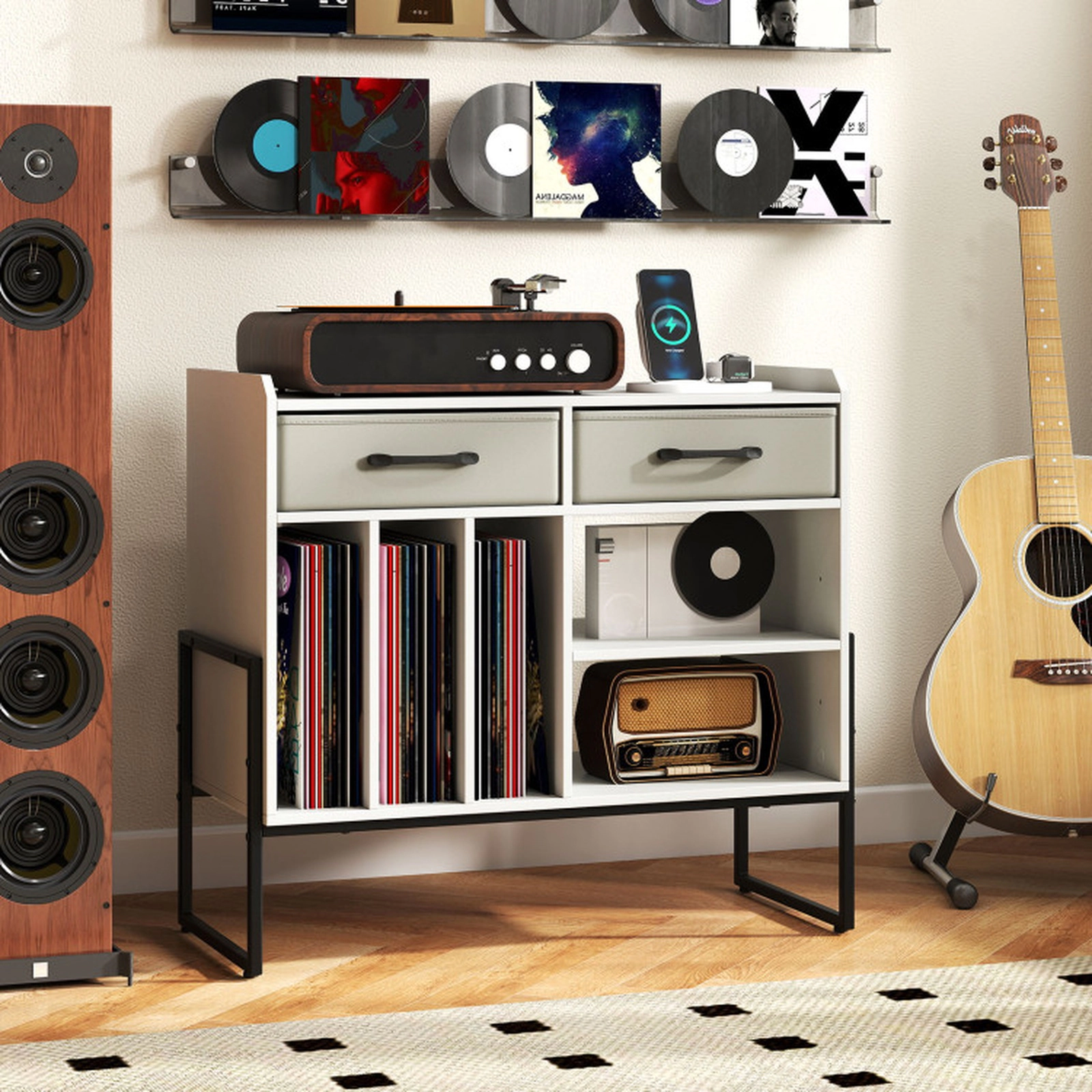 SUGIFT White 30-Inch Mid-Century Record Player Stand with Vinyl Storage and Charging Station