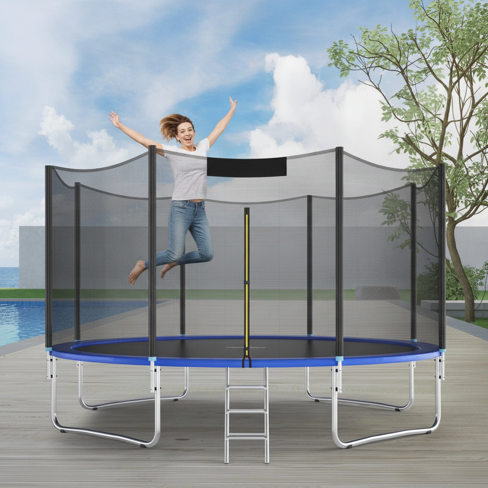 Trampoline Net Replacement 12-ft 14-ft Round Trampolines 8 Straight Poles 6-ft PE Safety Enclosure Net Door Black