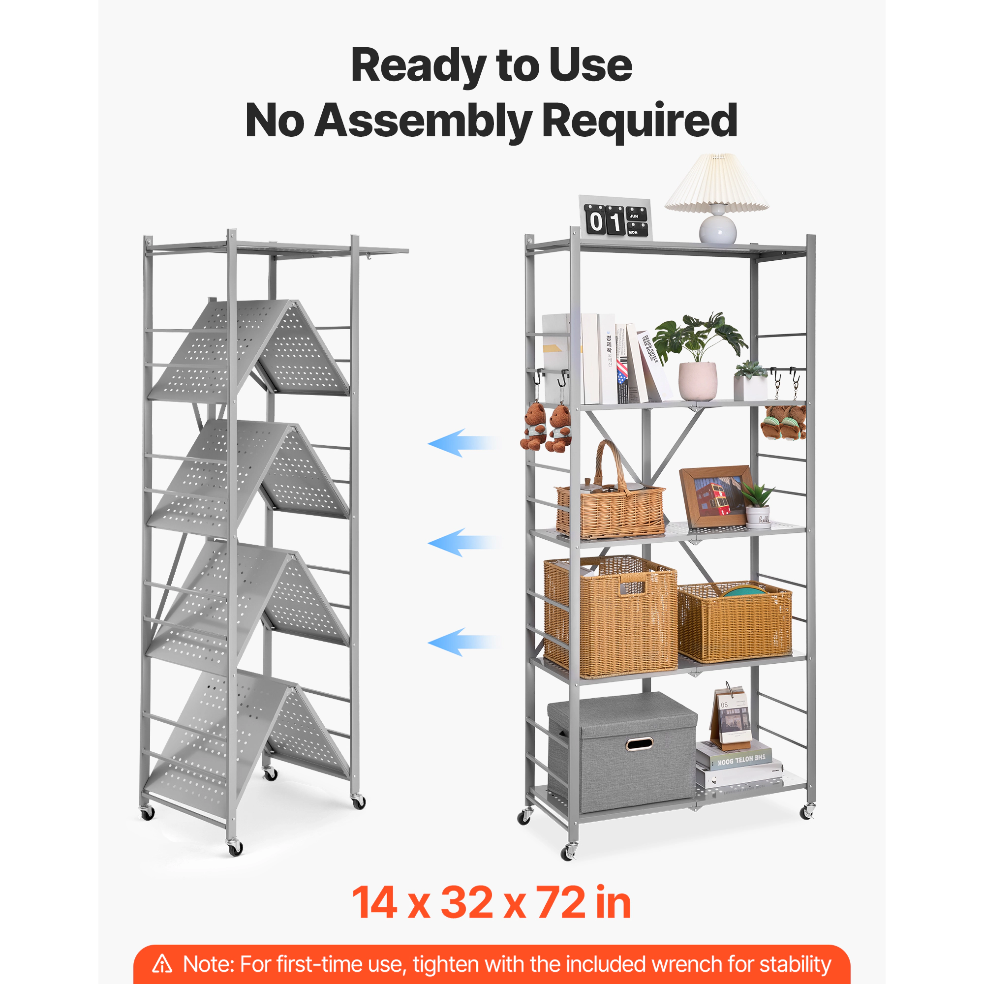 Flynama XJ Folding Storage Shelf with Wheels 5-Tier No Assembly Organizer Shelf Grey