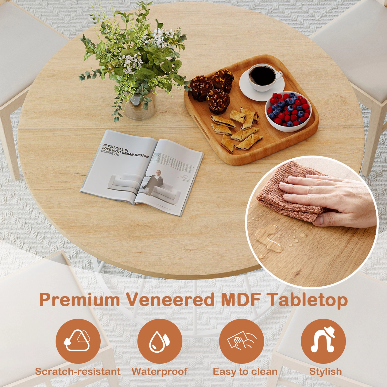 SUGIFT 47-in Round Farmhouse Dining Table for 4 with MDF Tabletop and Metal Frame 200-lb Capacity Natural+White