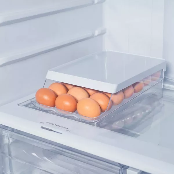 OU Egg Holder for Fridge, BPA Free Rolling Egg Organizer, Clear Stackable Refrigerator Storage Container for Kitchen