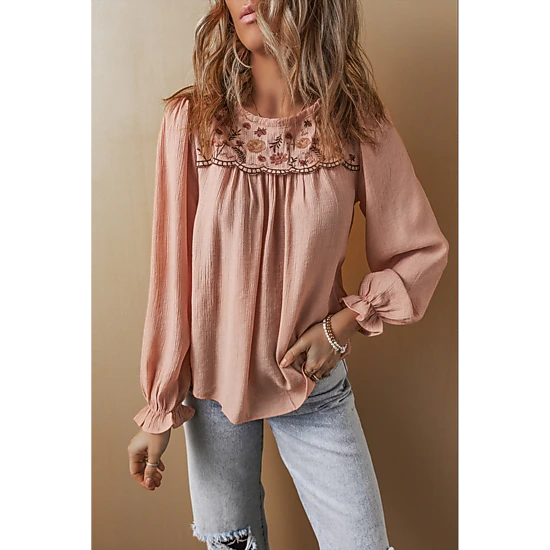 Threaded Pear Women's Angela Embroidered Flounce Sleeve Elegant Blouse