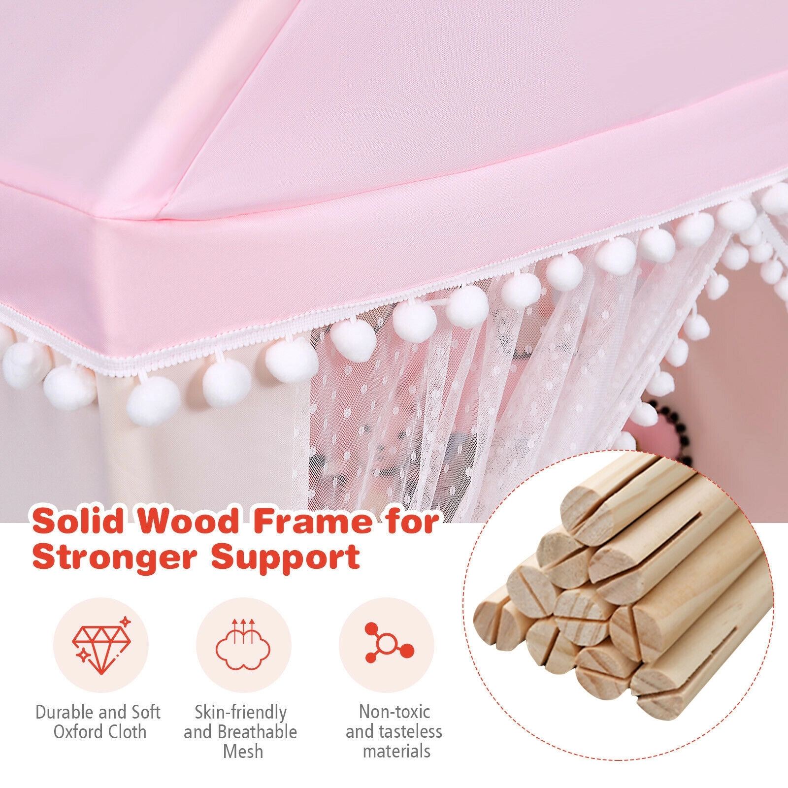 SUGIFT Solid Wood Frame Kids Play Castle Tent Playhouse with Thick Cotton Mat 55-in Tall Pink