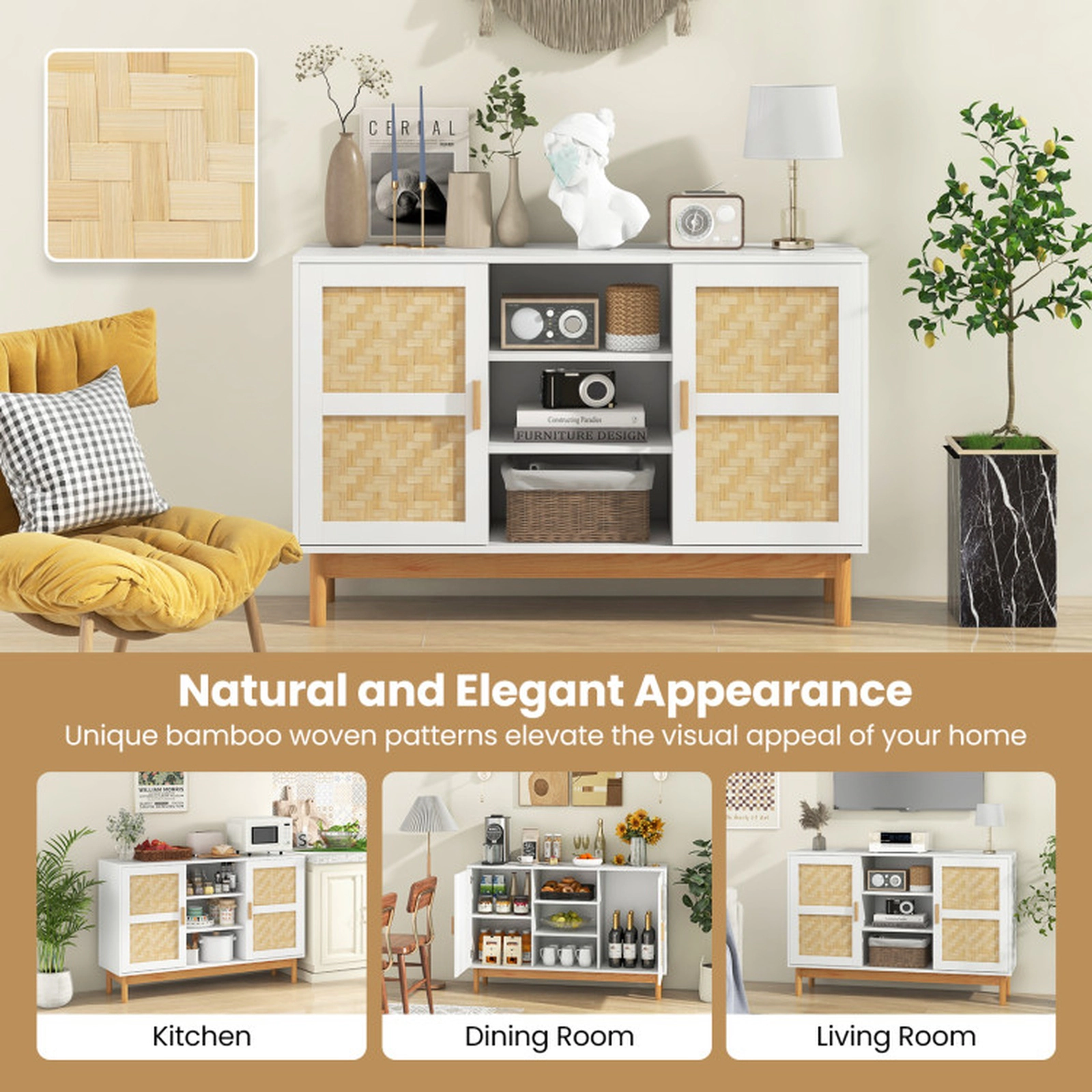 SUGIFT 2 Bamboo Woven Doors 3 Open Shelves Wood Legs Sideboard Cabinet 48-in x 14-in x 31-in 310-lb Capacity White