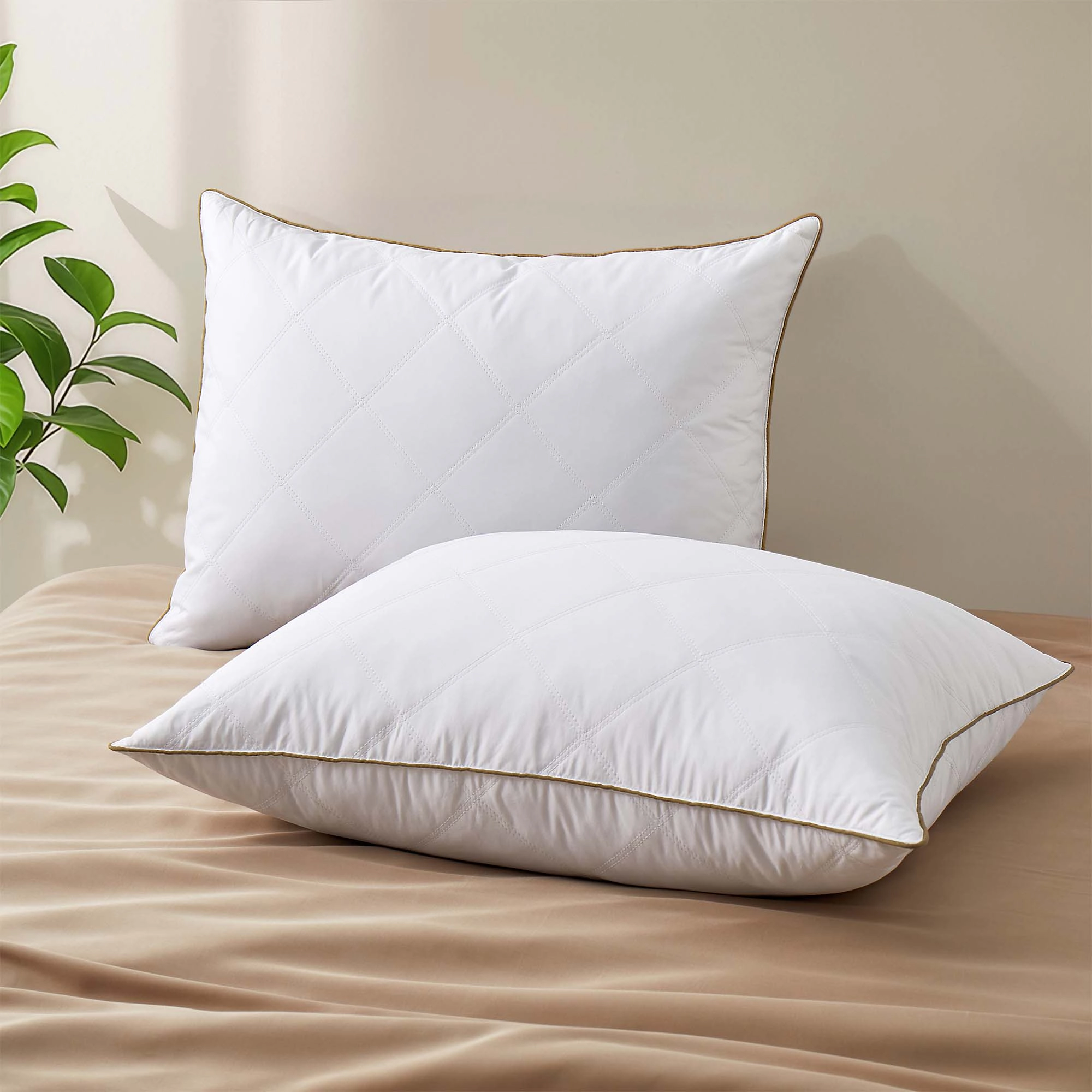 PEACENEST Goose Feather Sleep Pillow with Decorative Brown Piping