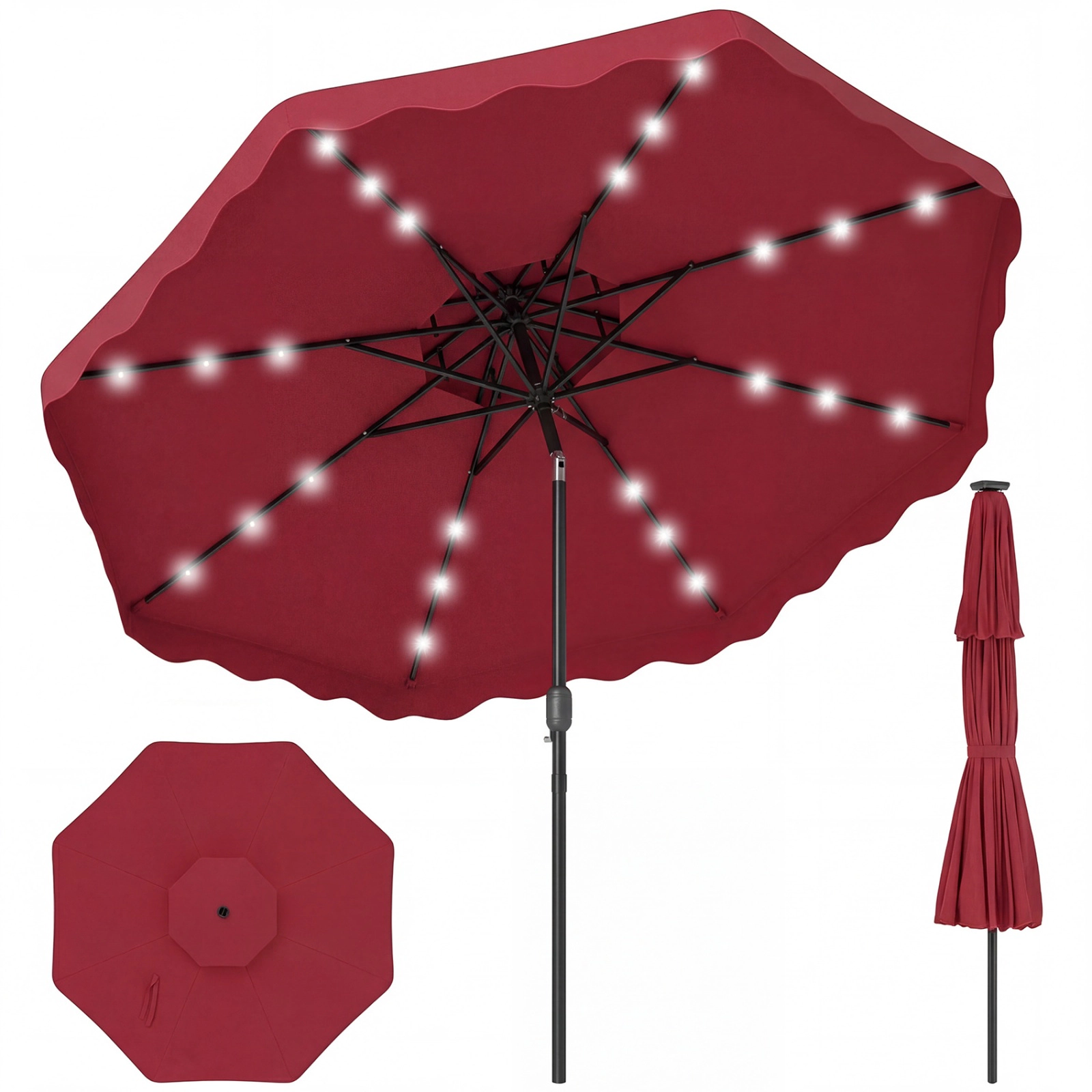 SUGIFT 9-ft Red Solar LED Market Patio Umbrella, 24 Lights, Push-Button Tilt, Crank Lift