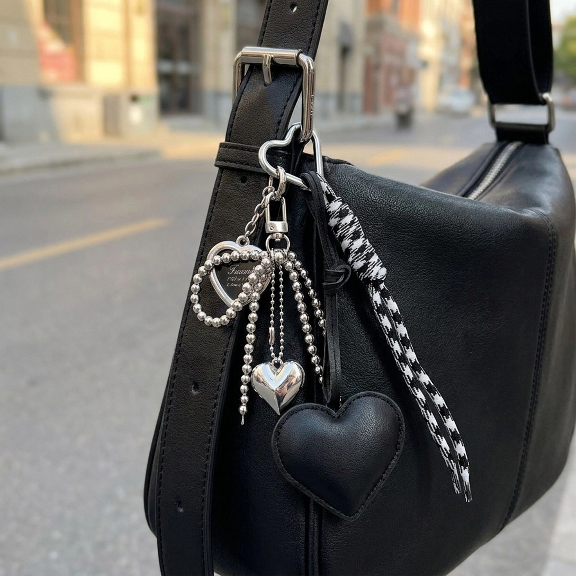 Alilang Women's Heart Bag Charm Keychain with Beaded Bow Accent Clip and Faux Leather Pendant, Red