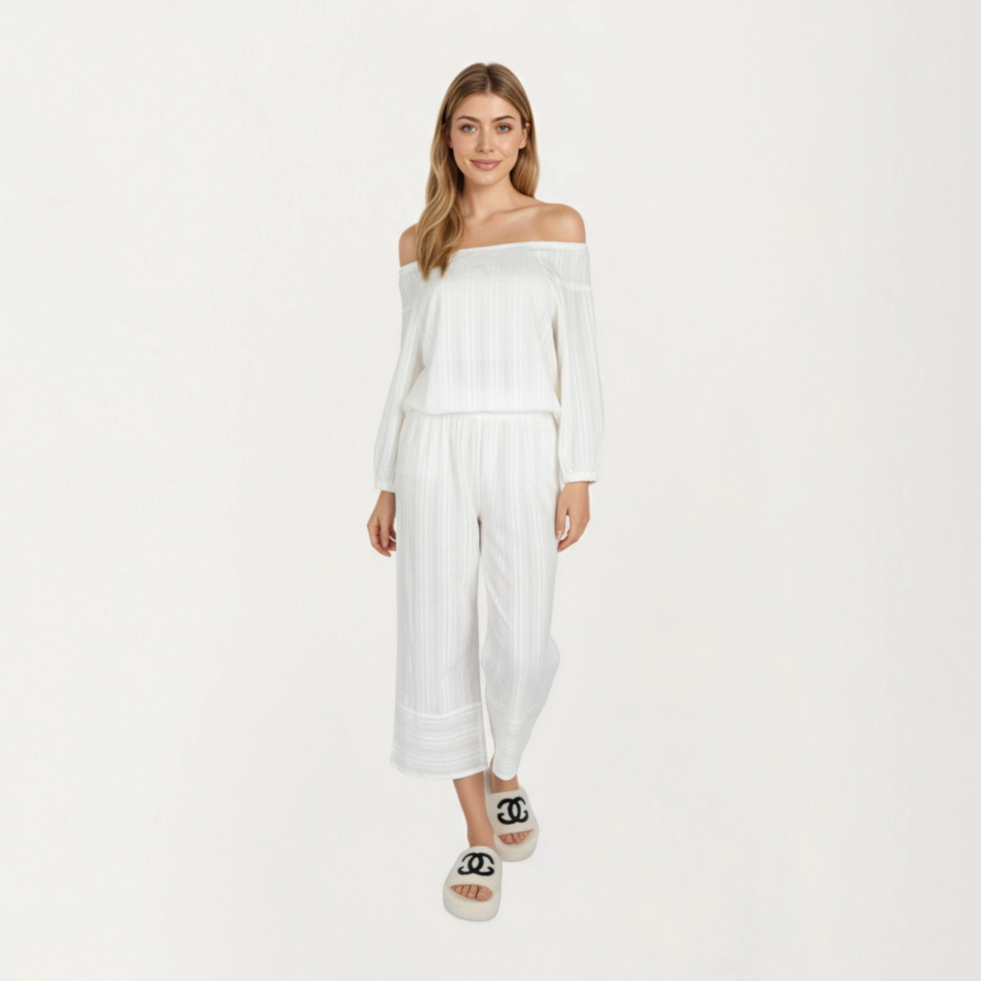 Anna-Kaci Women's 2-Piece Long Sleeve Gathered Neckline Top and Relaxed Fit Pants Pajama Set in Lightweight Fabric