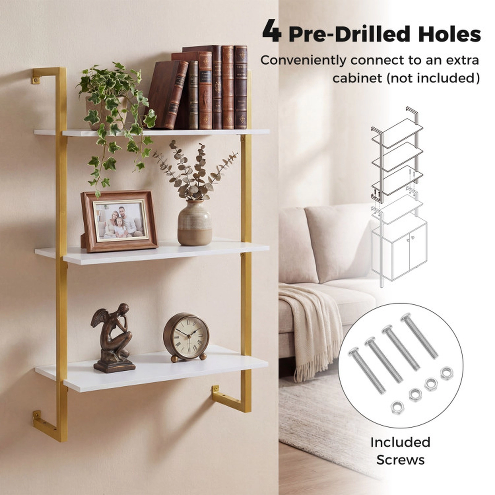 SUGIFT 3-Tier Floating Modern Wall-Mounted Bookcase 22-lb Per Shelf Capacity 66-lb Total Capacity White
