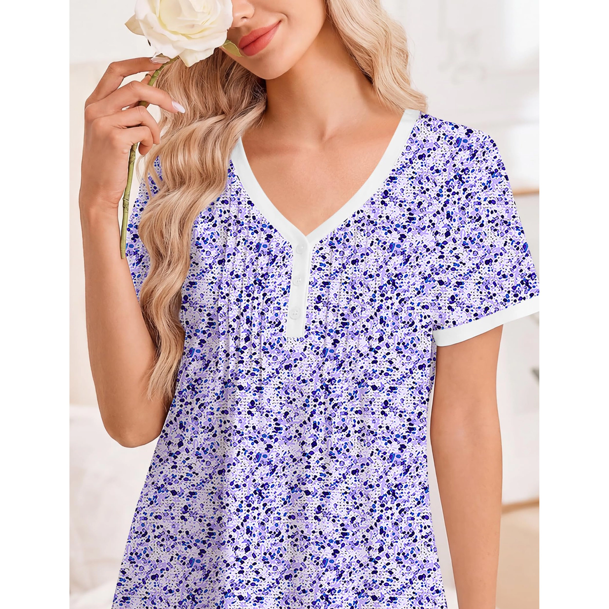 Ekouaer Nightgowns for Women Cotton Night Gowns Short Sleeve Button House Dress V Neck Sleepshirts