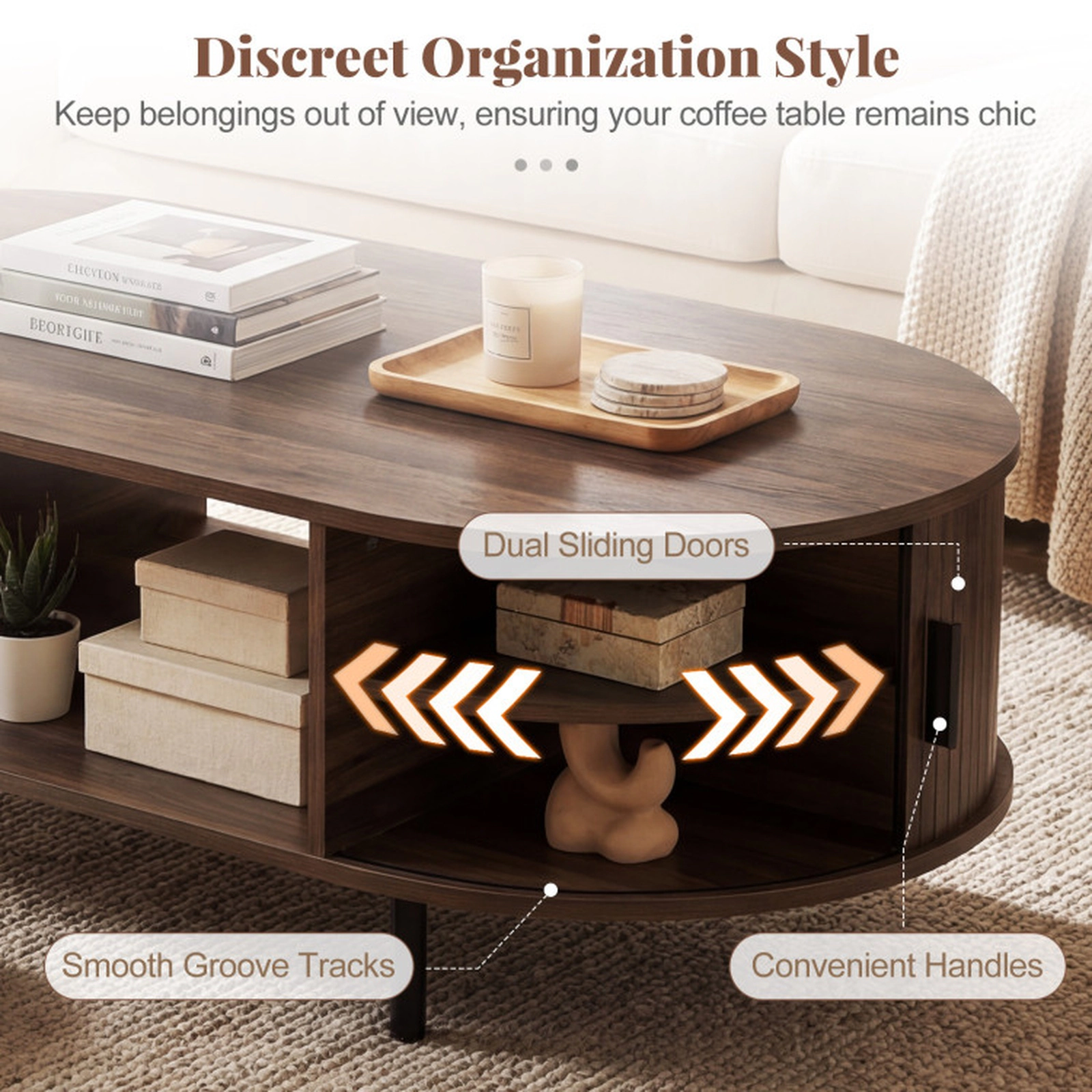 SUGIFT Oval Coffee Table Wooden Center Table with Storage 297-lb Overall Capacity Walnut