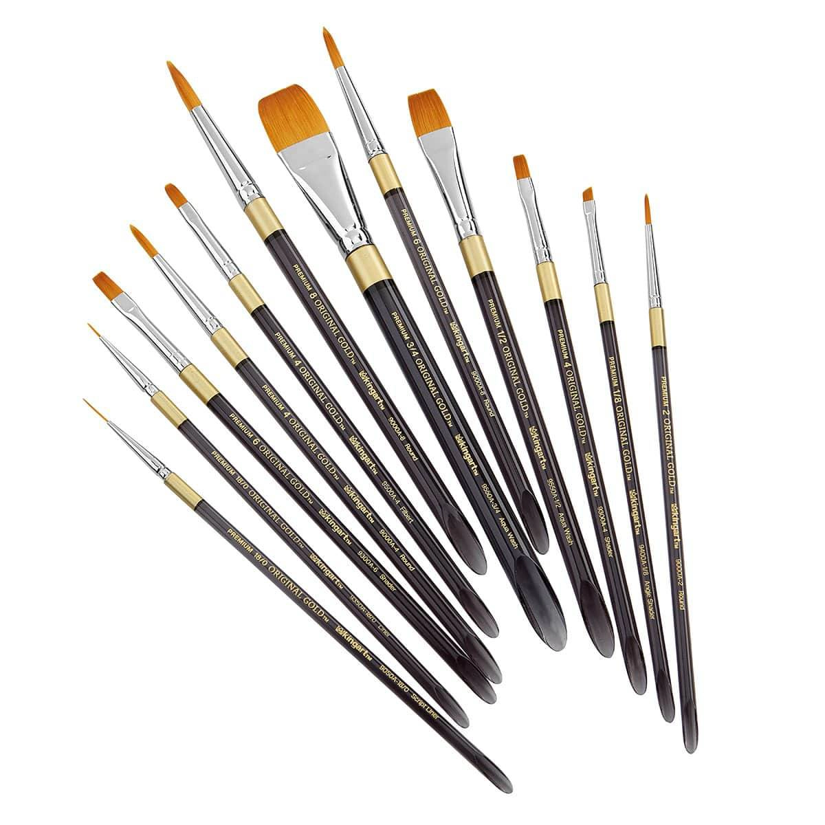KINGART Original Gold Golden Taklon Brush Set 12 pc - Acrylic Handle, All-Media