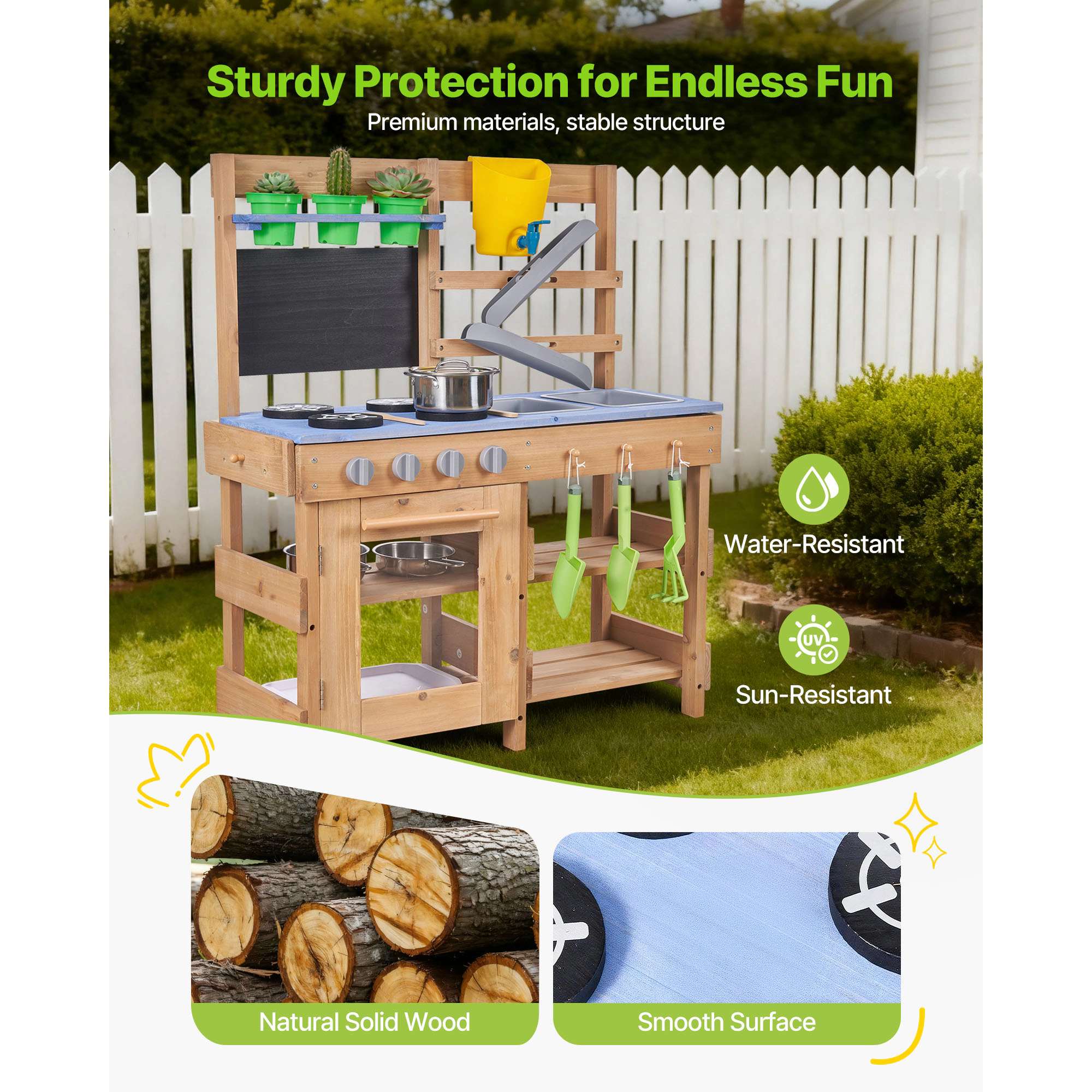 HONGGE Mud Kitchen, Outdoor Kitchen for Kids, Wood Play Kitchens with Sink, Tank, Shovels