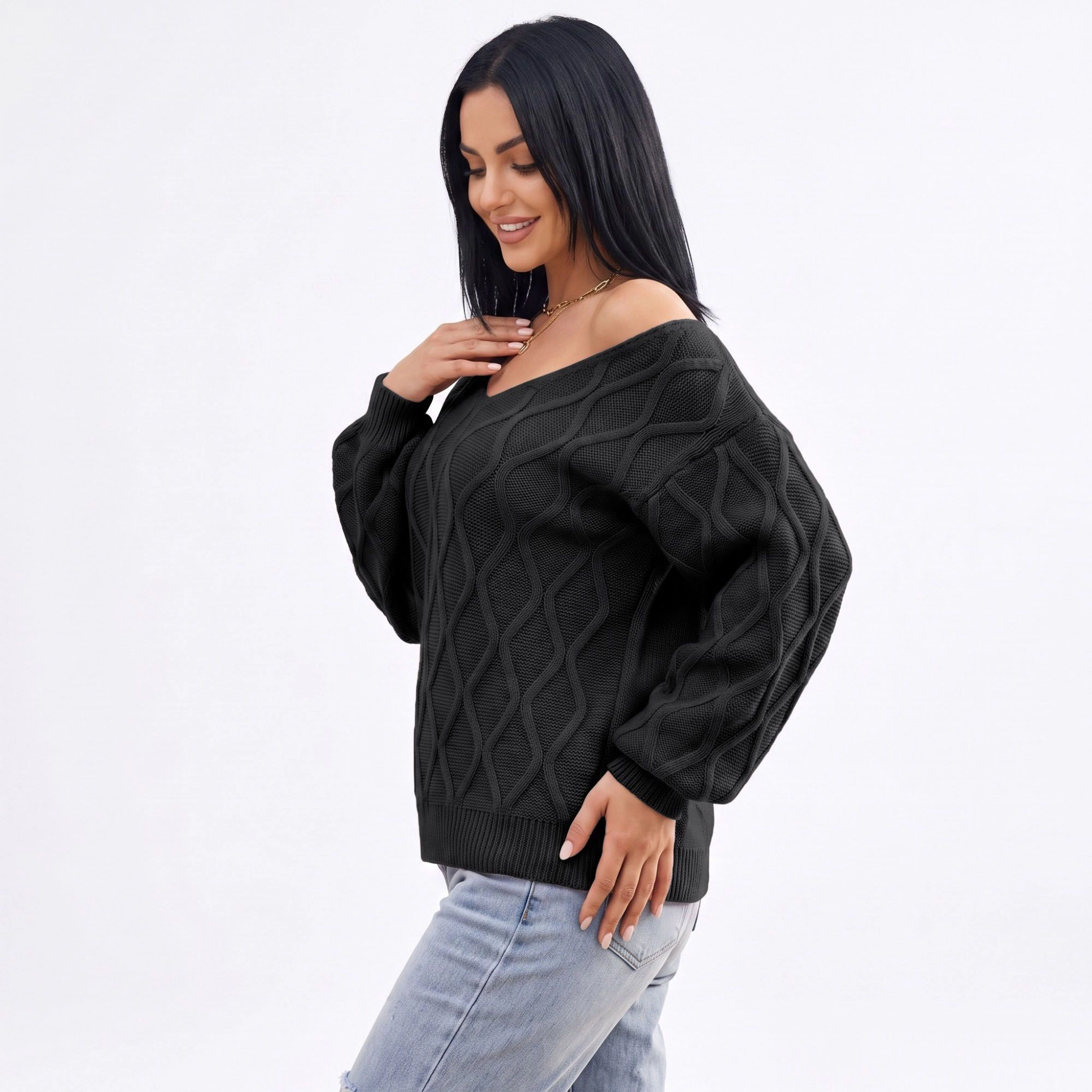 Anna-Kaci Women's Cable Knit V-Neck Balloon Sleeve Sweater