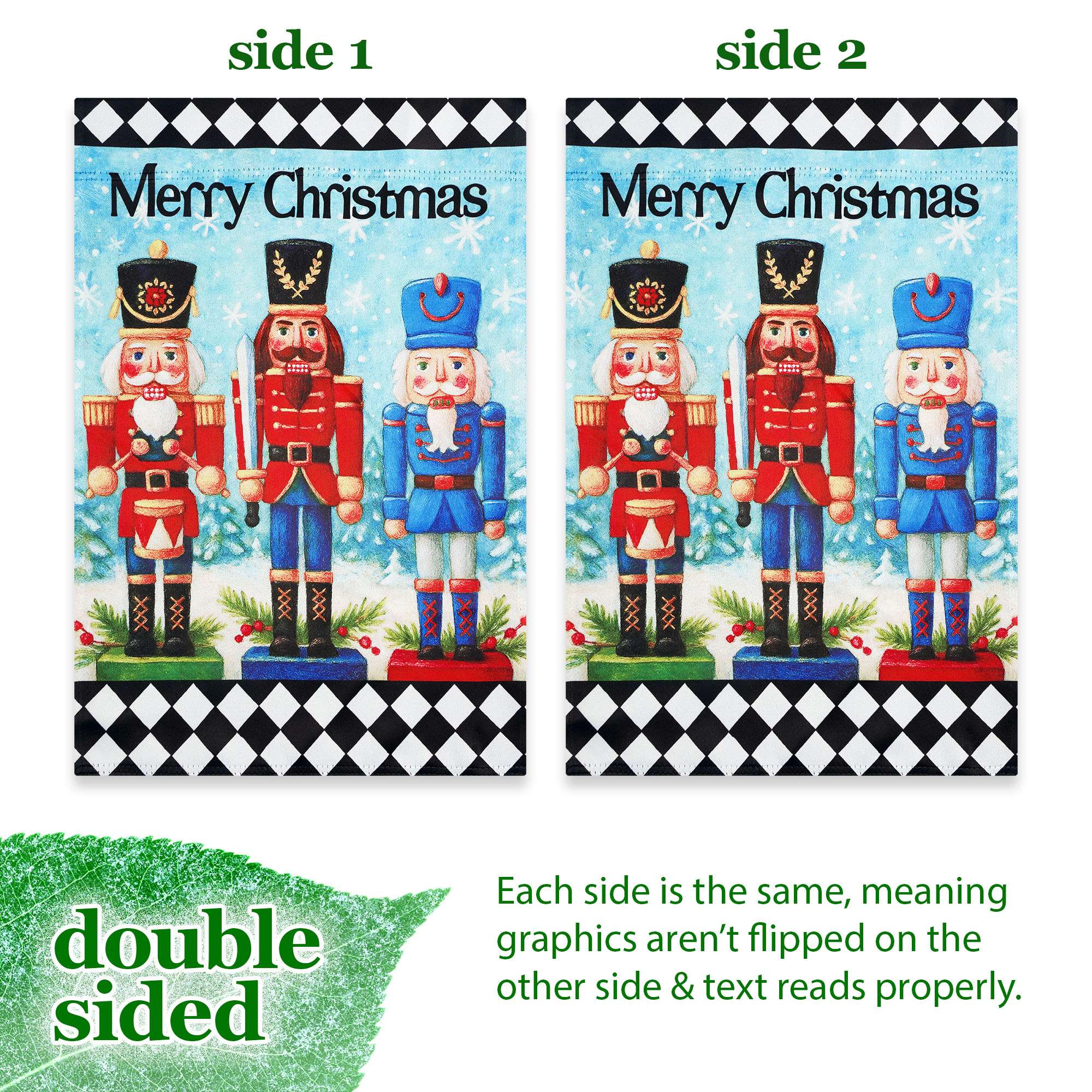 G128 Merry Christmas Three Nutcrackers Garden Flag 12x18 Double-Sided Outdoor Holiday Yard Decoration