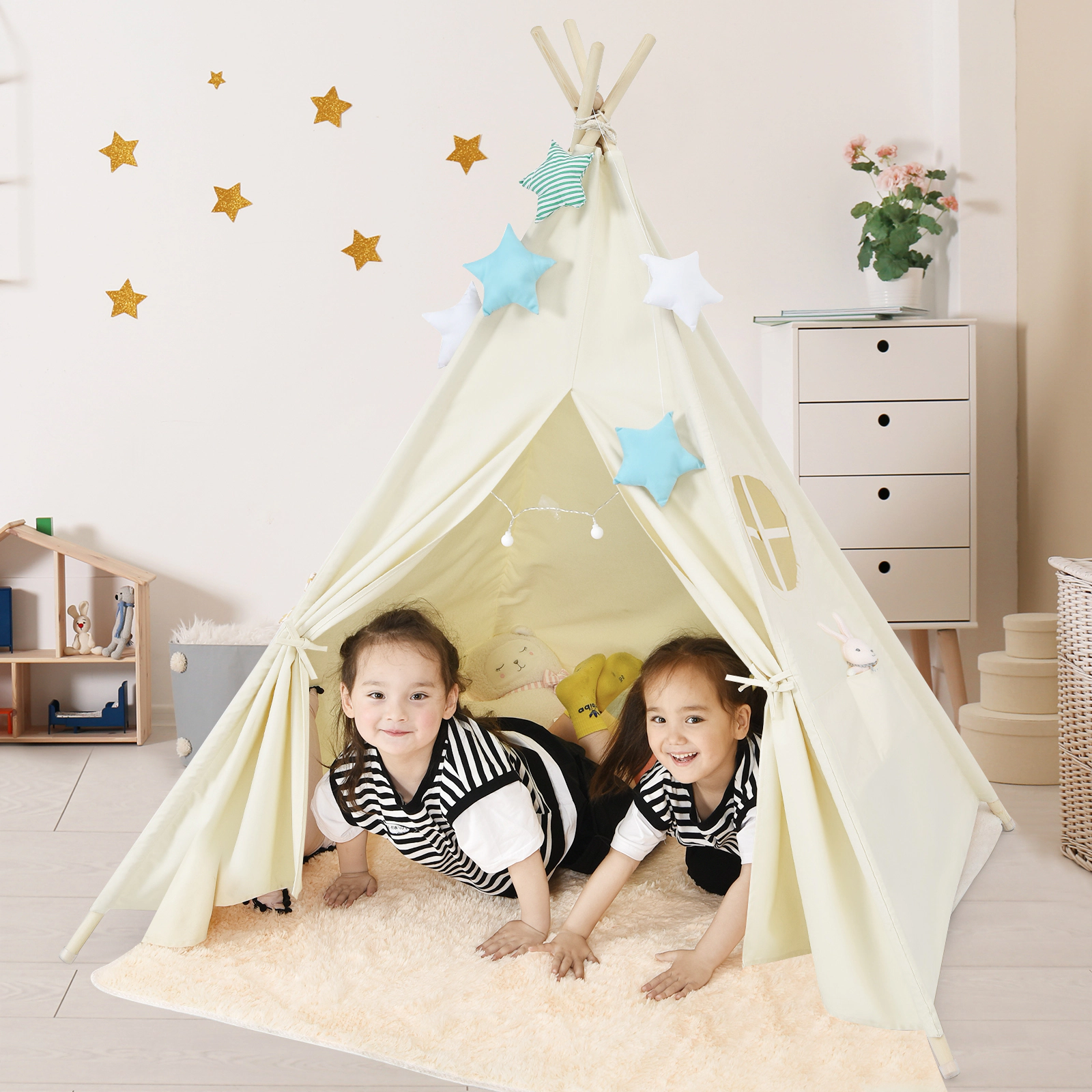 Foldable Kids Teepee Play Tent 47-in Cotton Canvas Tent with Pine Wood Poles Side Pockets Window and Carrying Bag Beige