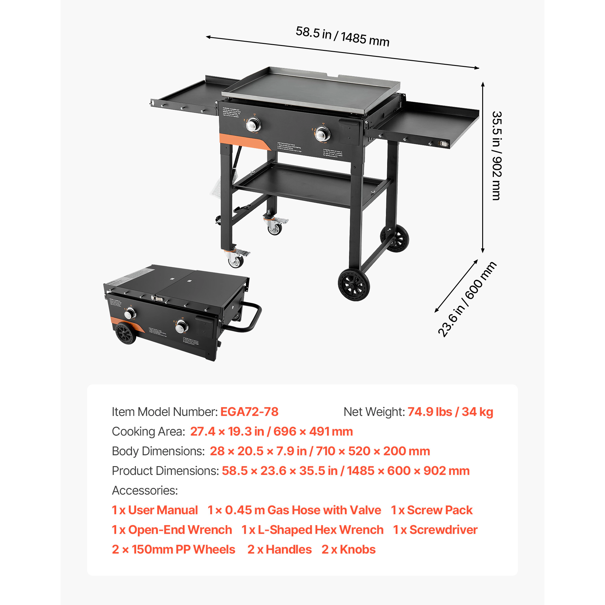 HONGGE Gas Griddle Flat Top Grill Plate Foldable Propane Griddle with Wheels Outdoor Flat Top Grills for Pan-Frying