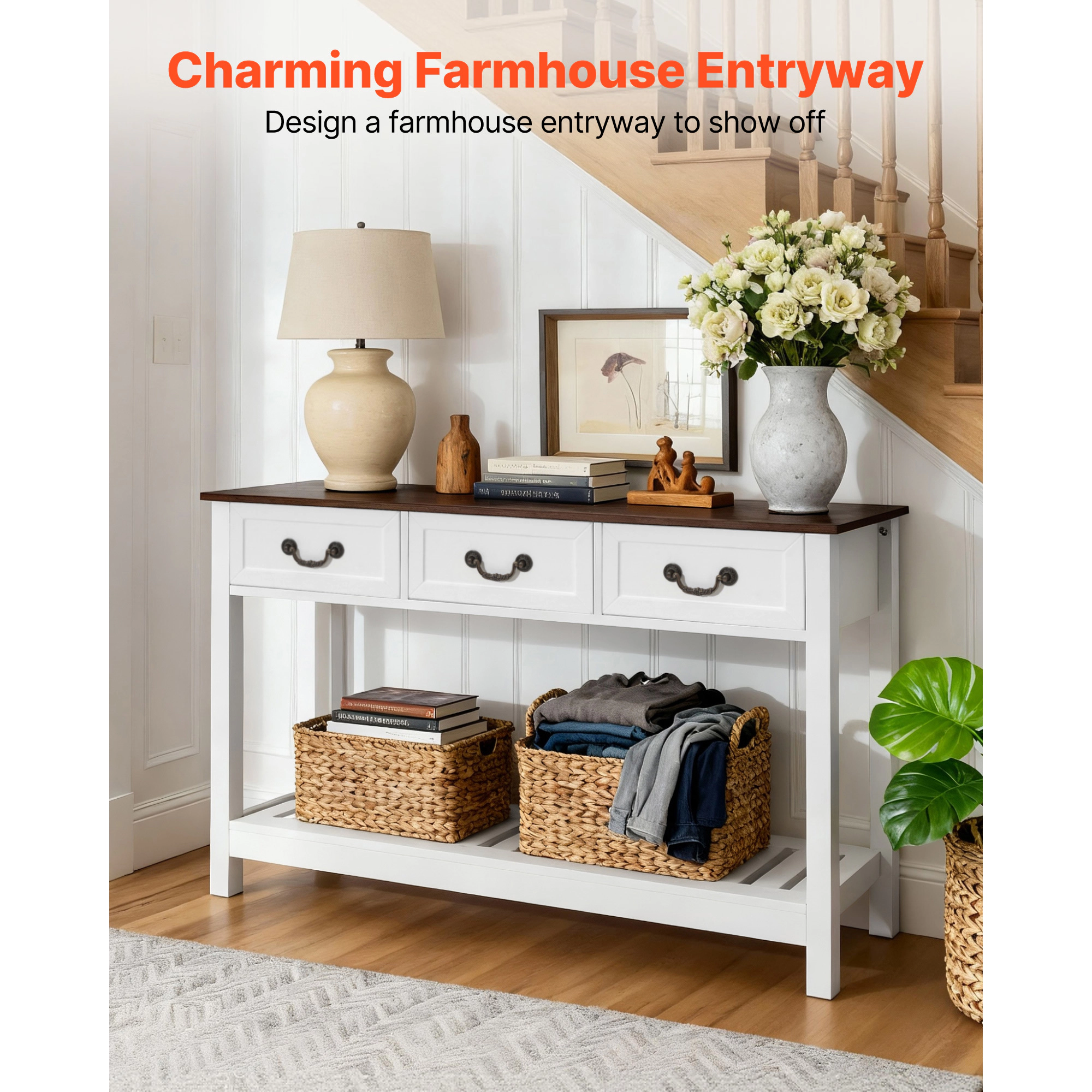 HONGGE Farmhouse Console Table Behind Couch, Wooden Rectangle Narrow Sofa Desk for Hallway Bedroom Living Room Foyer