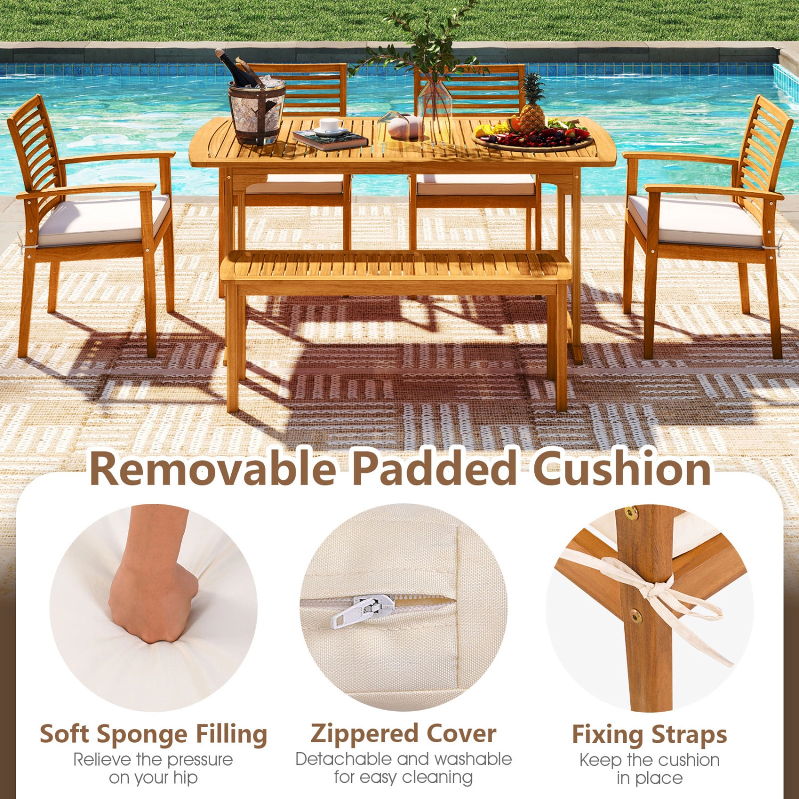 SUGIFT Outdoor Dining Set with Bench 165-lb Table 800-lb Bench 400-lb Chairs with Umbrella Hole Natural