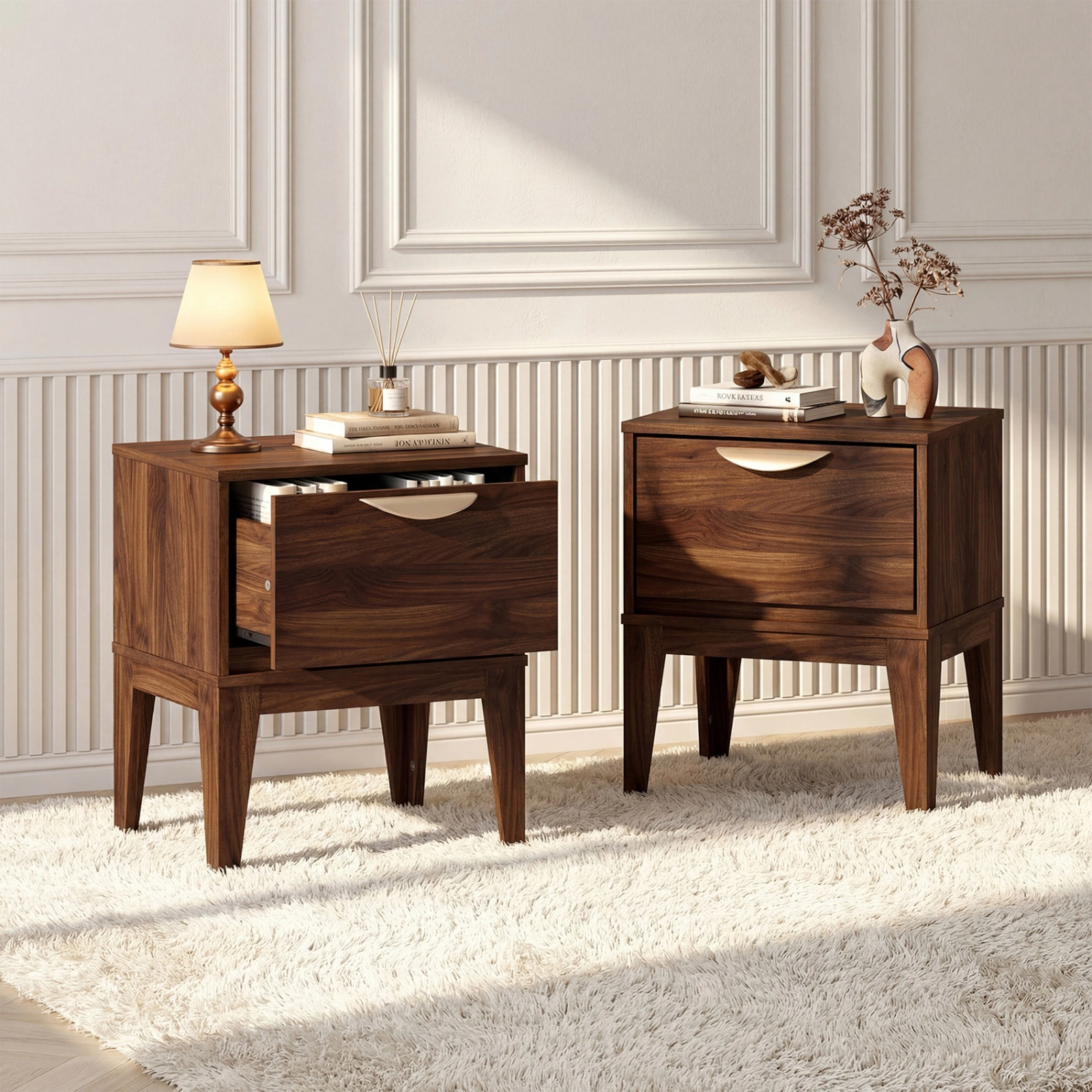 SUGIFT Mid Century Modern Bedside Table Nightstand with Drawer & Tapered Support Legs 45-lb Tabletop 10-lb Drawer Walnut