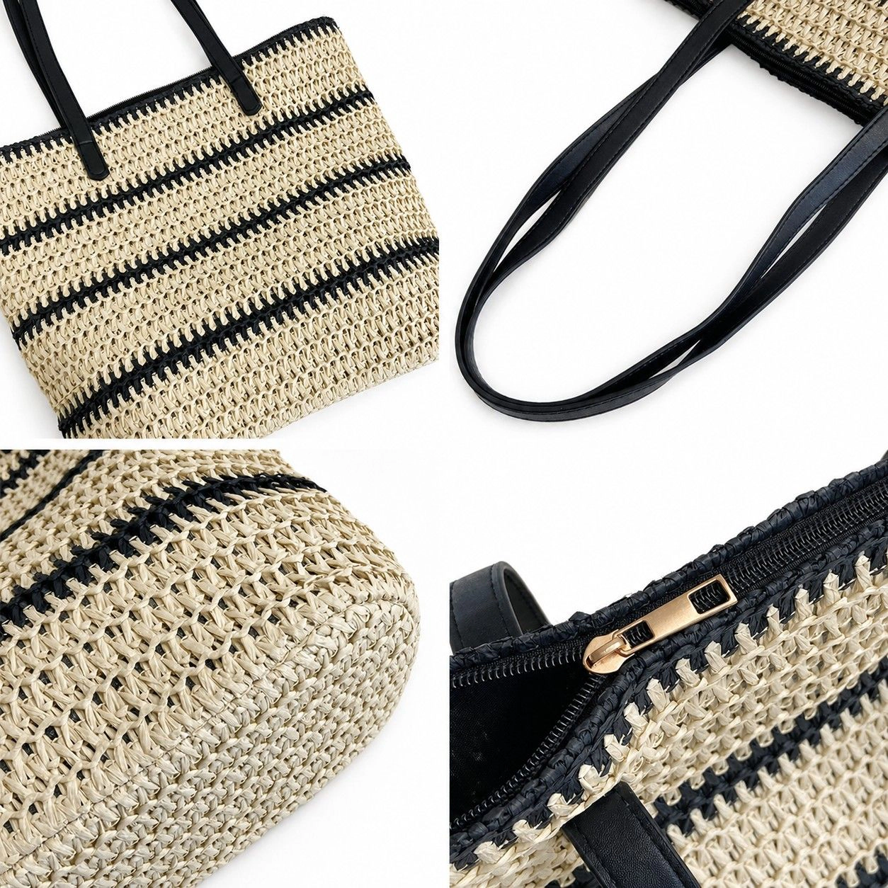 Alilang Women's Open Weave Tote Bag with Contrast Stripe Zip Closure and Shoulder Handles