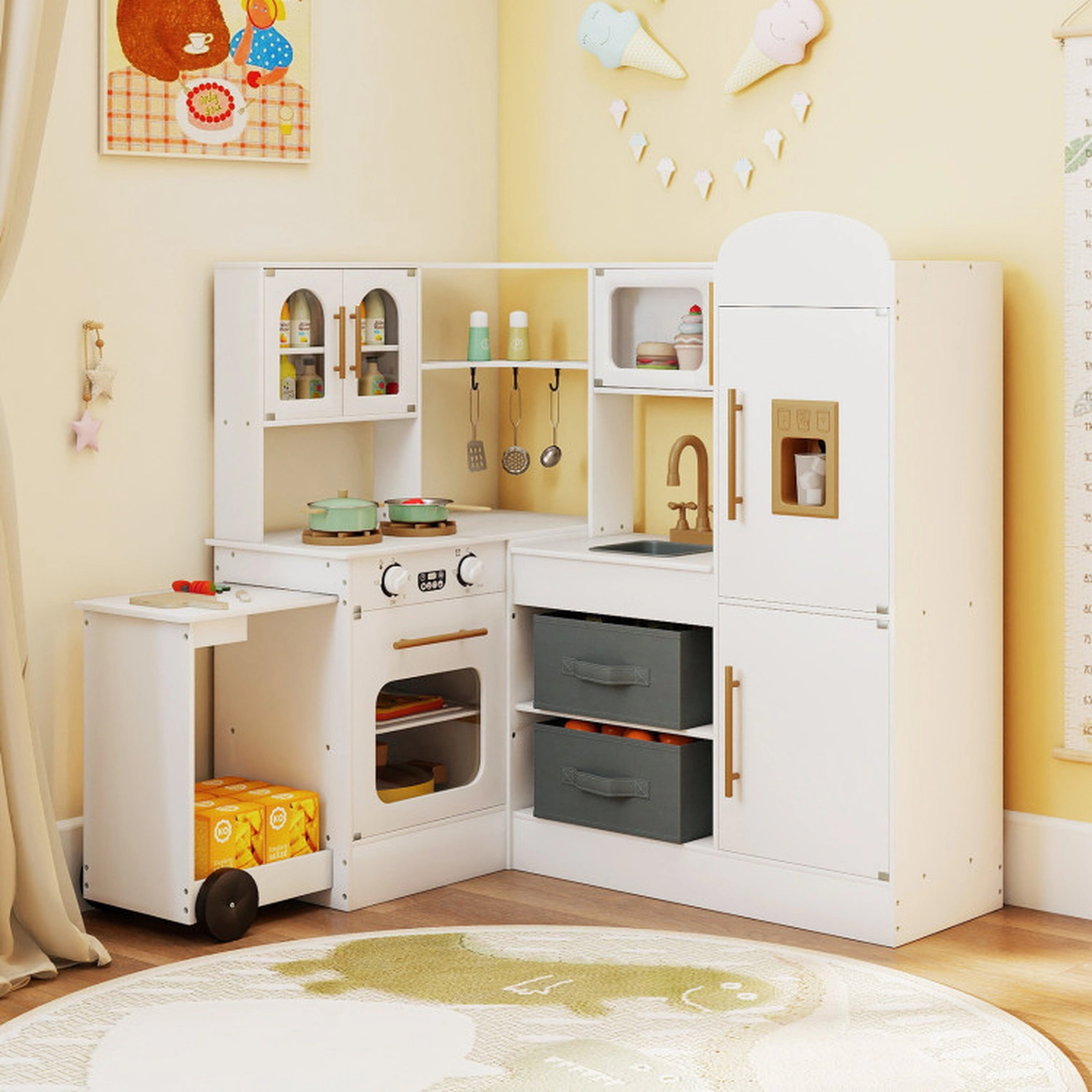 SUGIFT White Pull-Out Countertop Lights and Sounds Corner Kids Wooden Play Kitchen