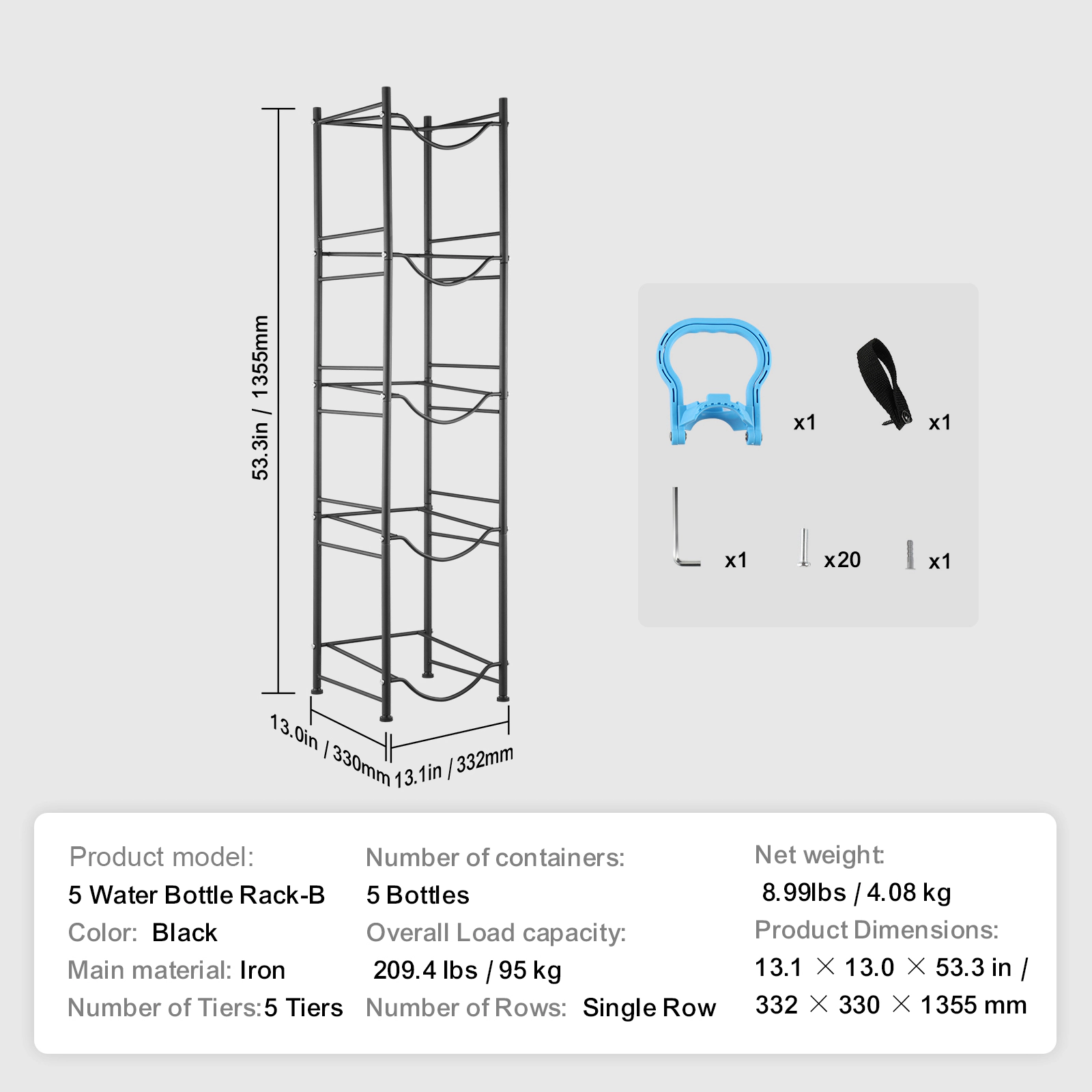 HONGGE Water Jug Holder 5 Gallon Water Bottle Holder Single Row Water Bottle Rack for Heavy Duty Water Jug Rack for