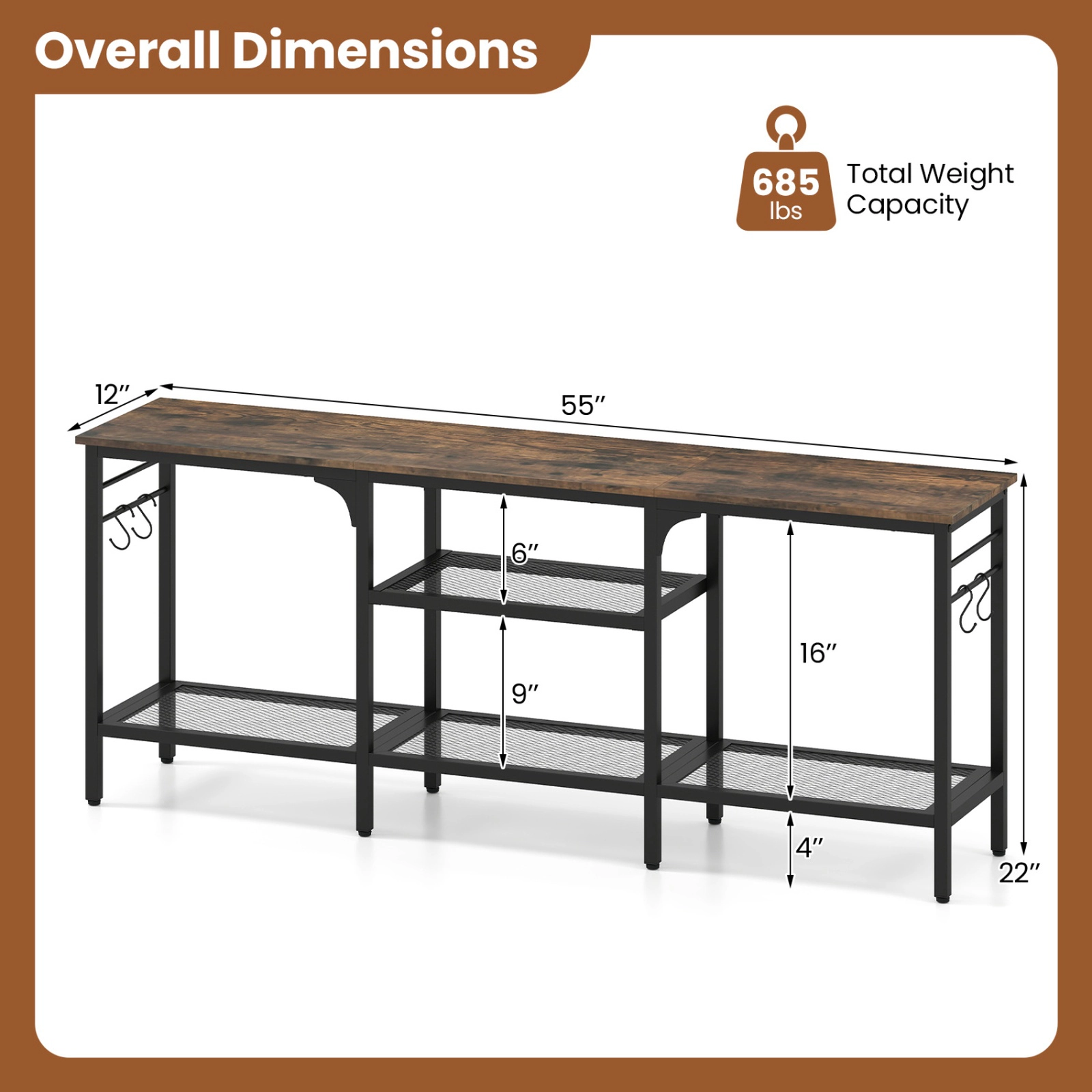 SUGIFT 55 in TV Stand Rustic Brown and Black with 3-Tier Mesh Shelves and 4 Hooks