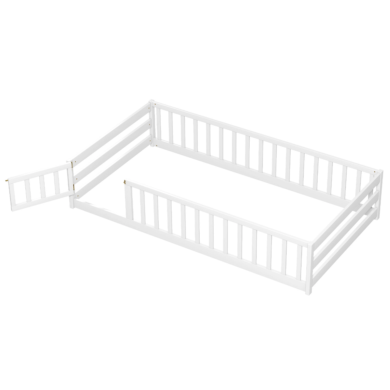 SUGIFT Lockable Door and Full-Length Fence Pine Wood Twin Kids Montessori Floor Bed