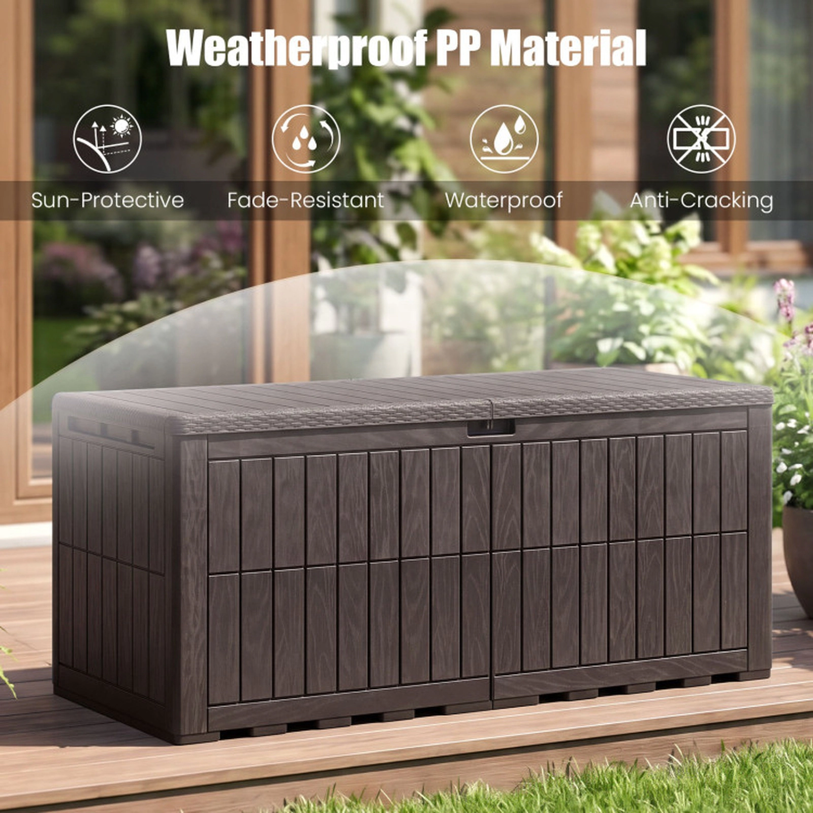 SUGIFT 180-Gallon Lockable Lift-Top PP Outdoor Patio Deck Storage Box 60.5-in x 28-in x 25-in 620-lb Seat Brown