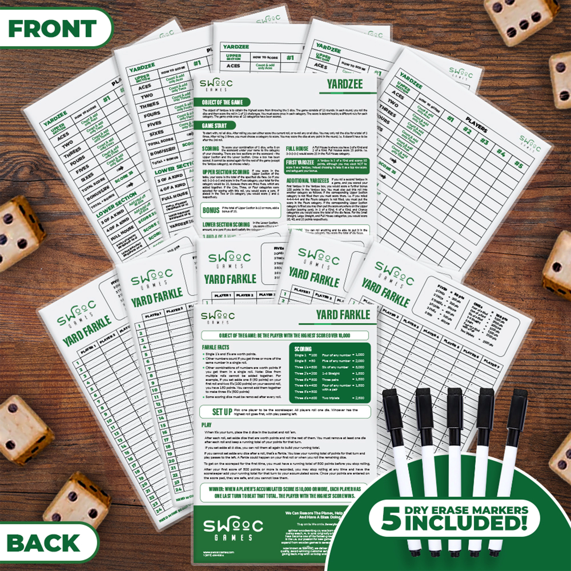 Swooc Games | 5 Pack Premium Yardzee & Farkle Scorecards