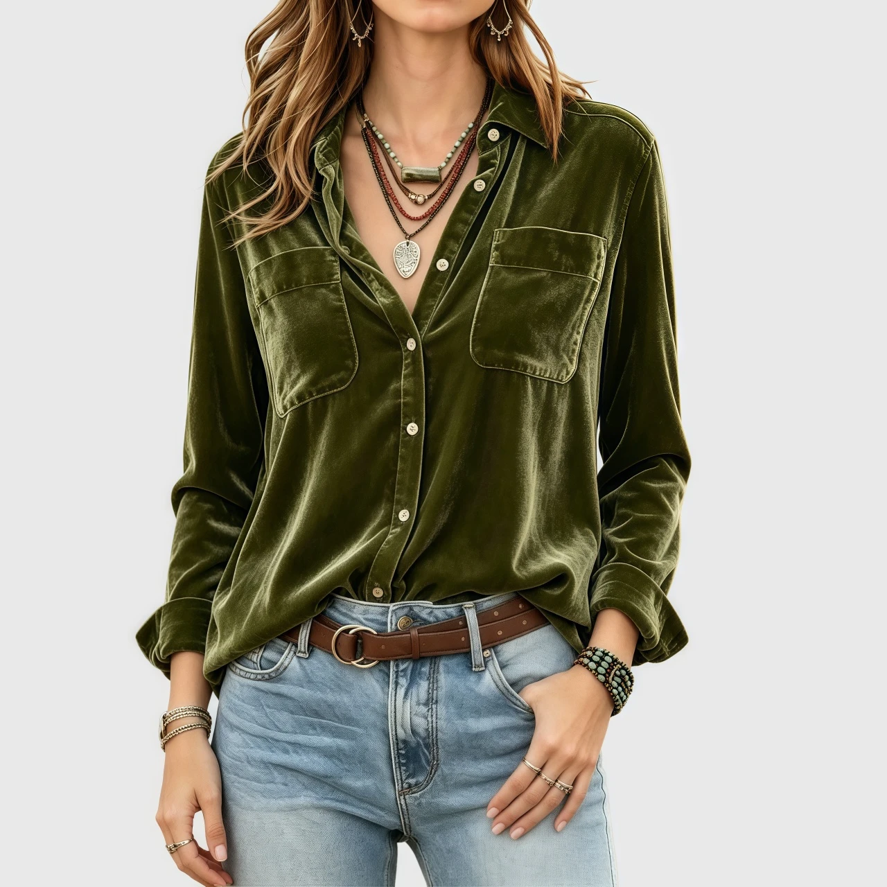 YesFashion Womens Velvet Shirts Long Sleeve Button Down Casual Blouses Tops