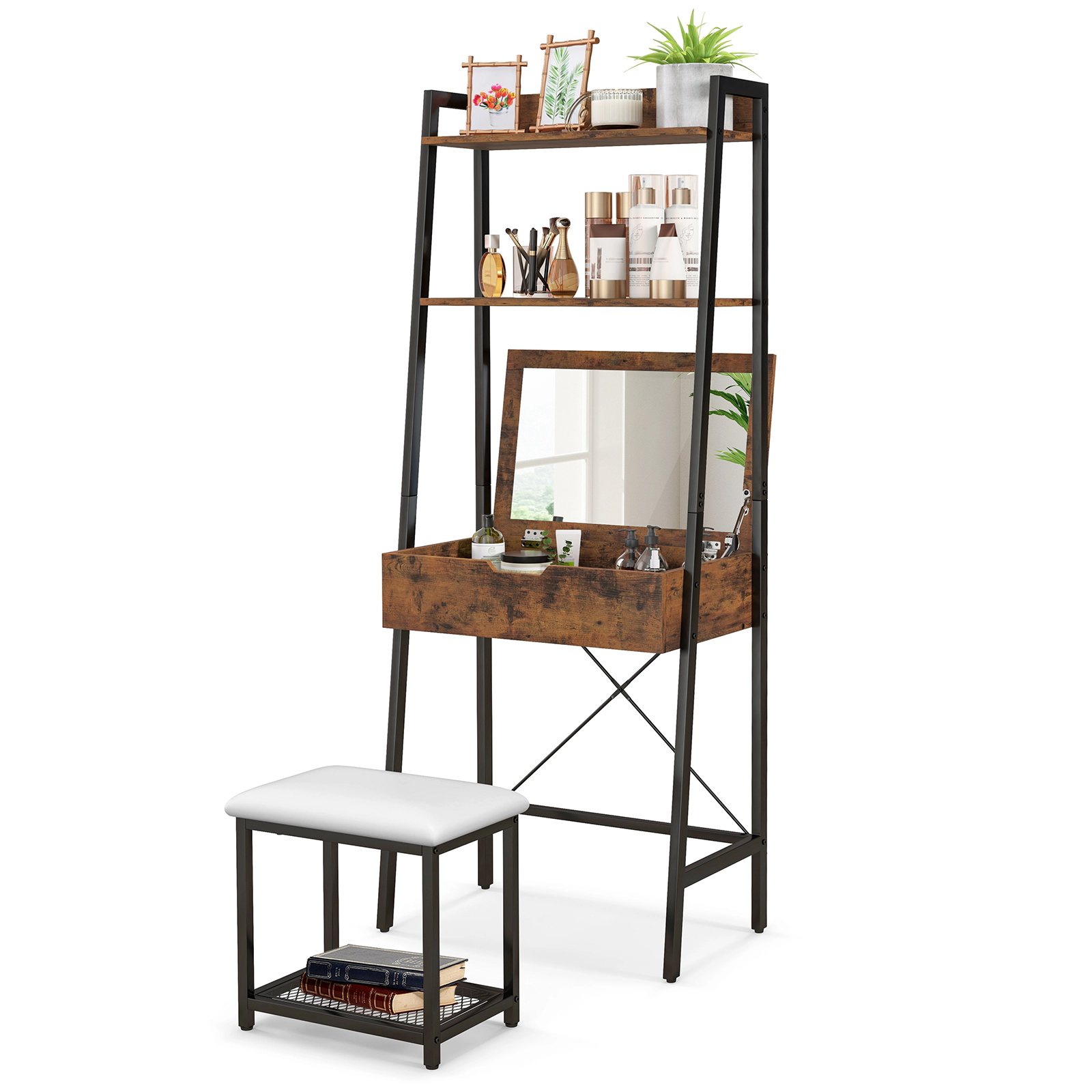 SUGIFT Ladder Vanity Desk Set with Flip Top Mirror and Cushioned Stool 88-Lb Top 330-Lb Stool Black Rustic Brown White