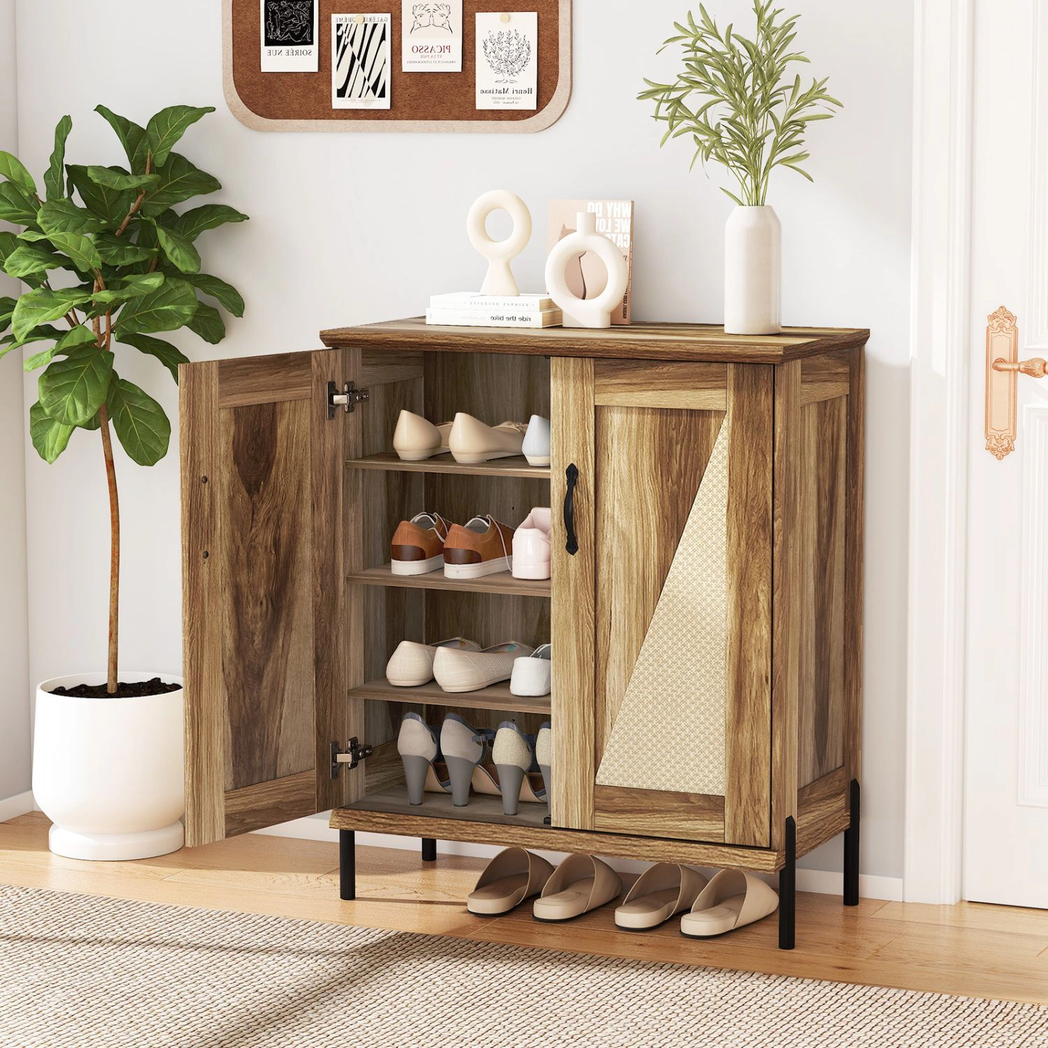 SlickBlue Rattan Shoe Storage Cabinet with Doors, 4-Tier Shelves