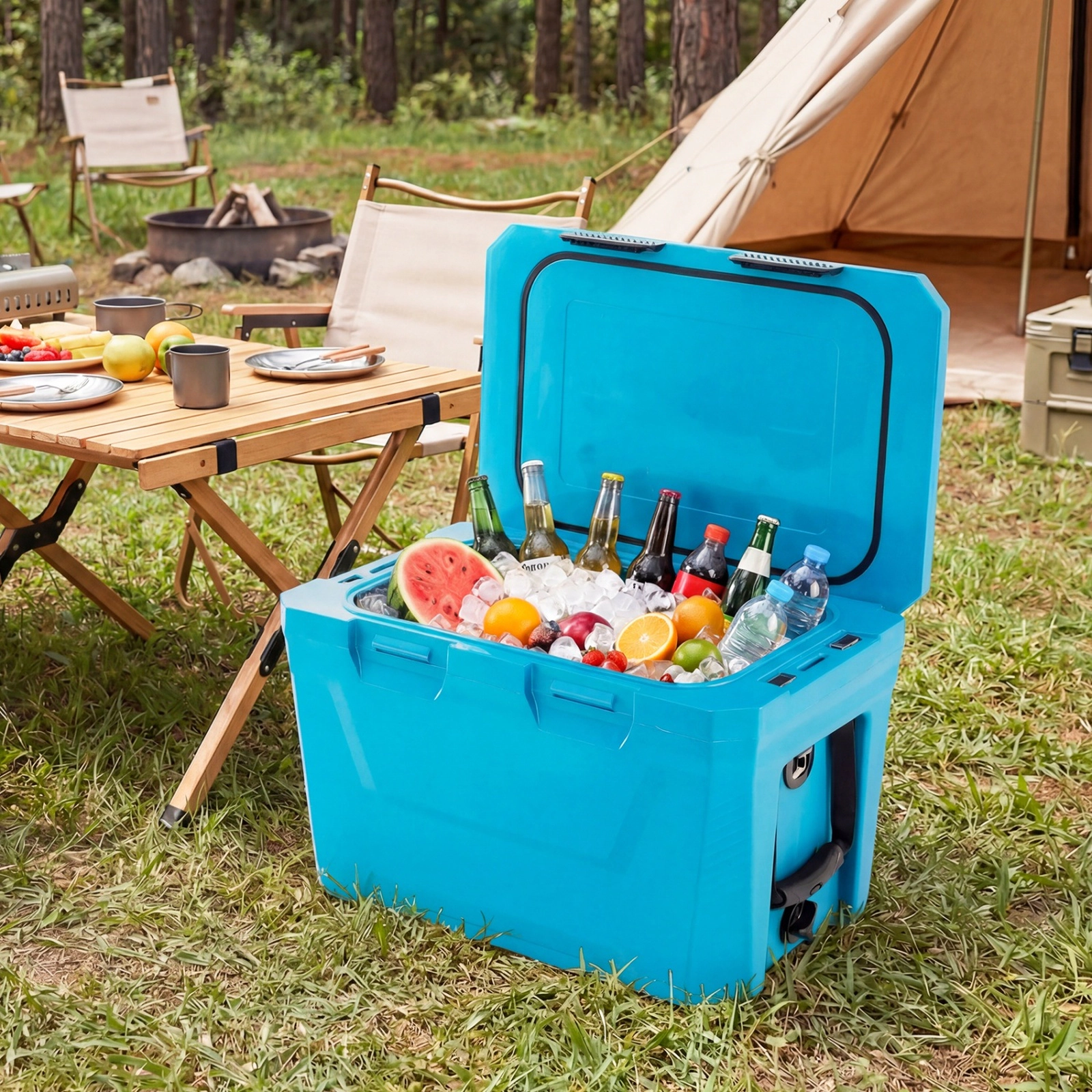 SUGIFT Blue 37-qt Hard Shell Insulated Cooler Ice Chest with 2 Cup Holders Bottle Opener and Fish Ruler