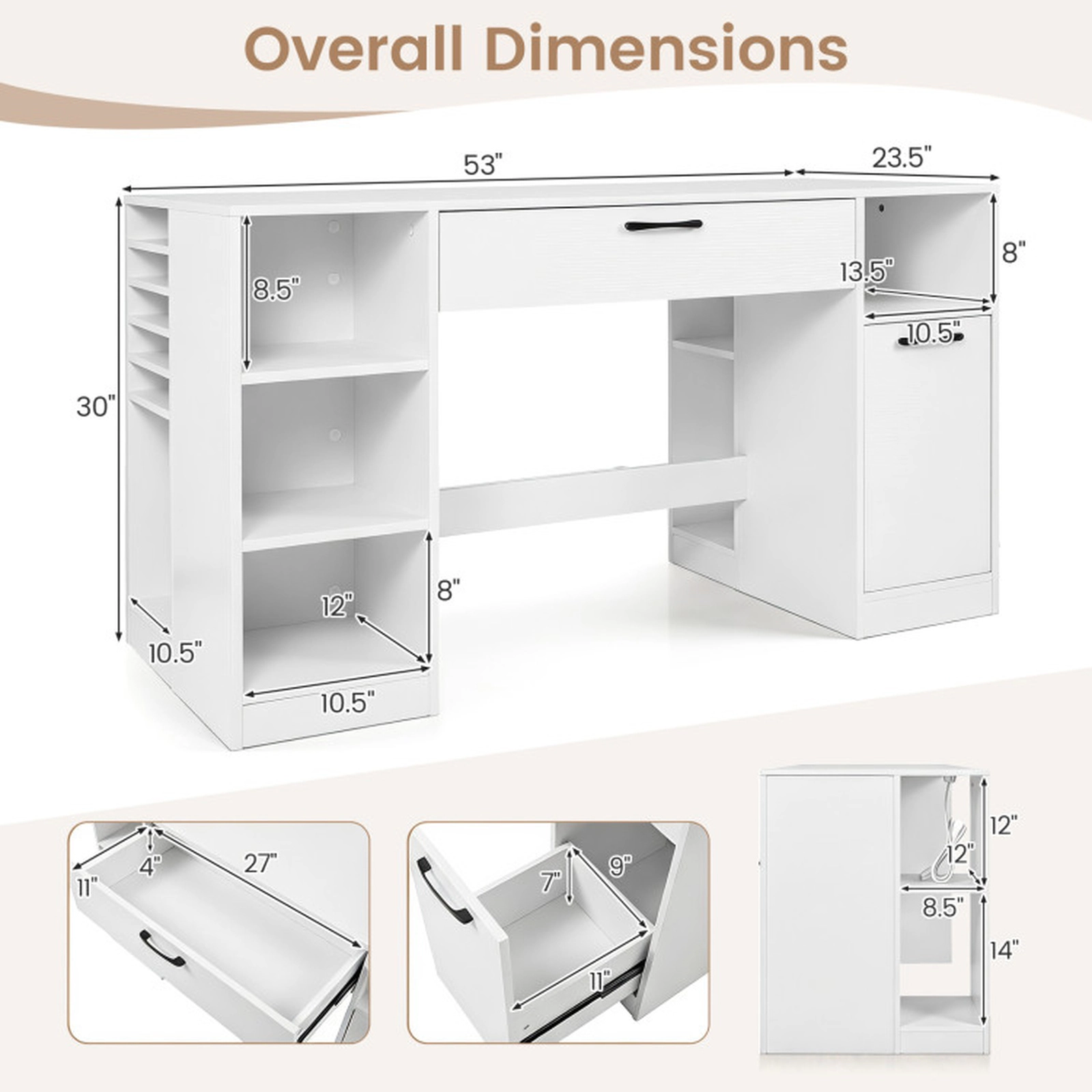 SUGIFT 53-in 110-lb Capacity White Craft Station Desk with 2 Drawers 5 Removable Shelves and Power Outlets