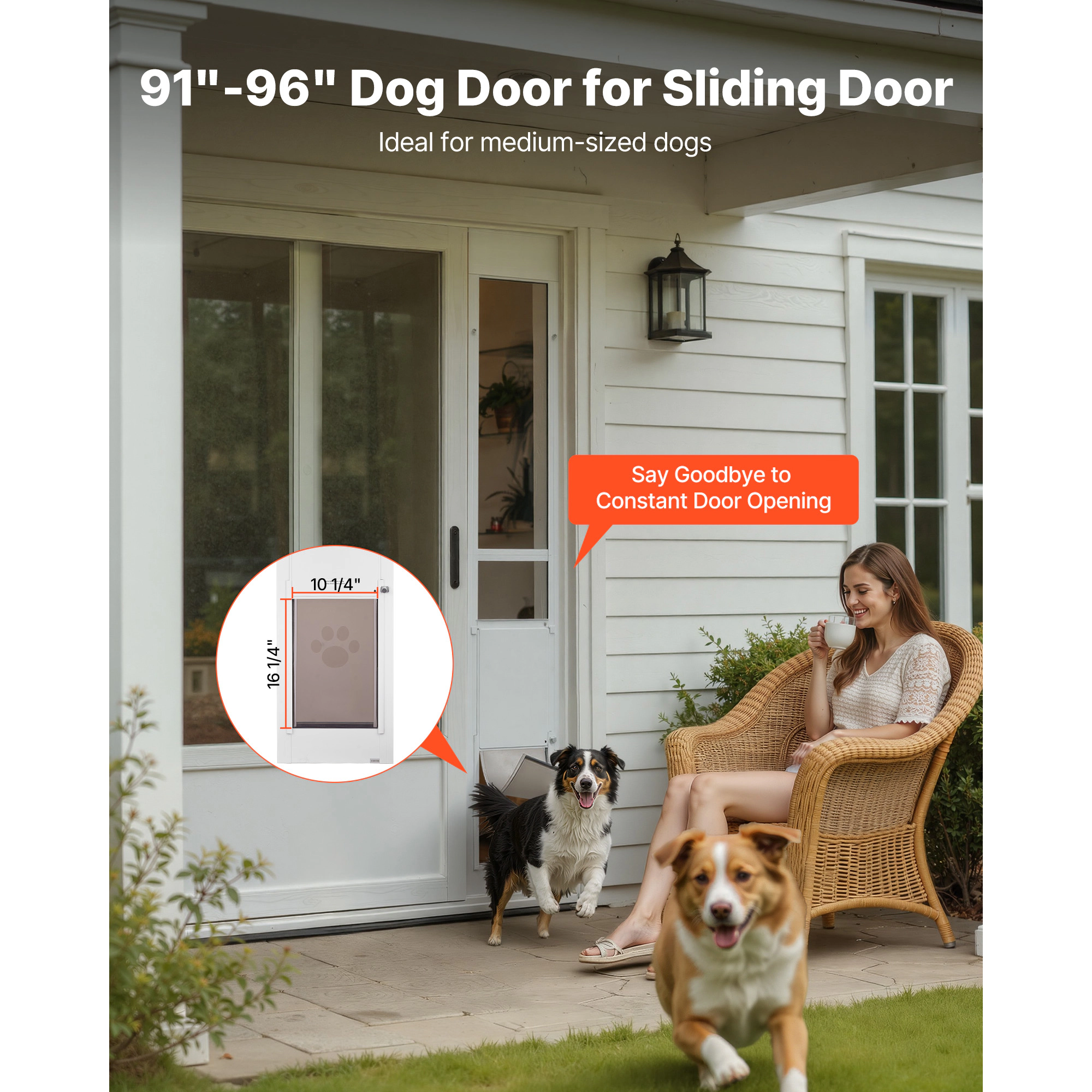 HONGGE Sliding Glass Door Dog Door for Medium Dogs, 91-96 Inch Height, 10 1/4 x 16 1/4 Inch Flap, White