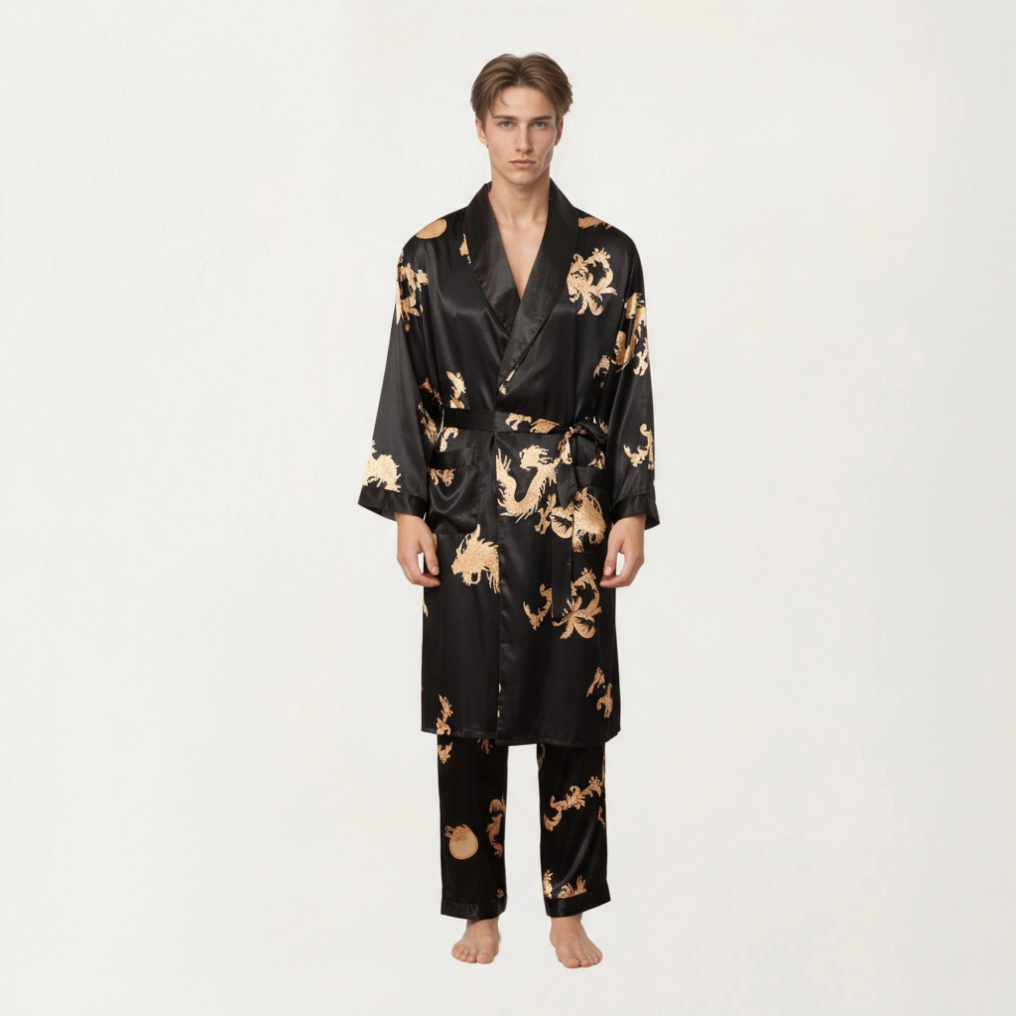 Anna-Kaci Men's 2-Piece Satin Dragon Print Robe and Lounge Pants with Shawl Collar Waist Tie