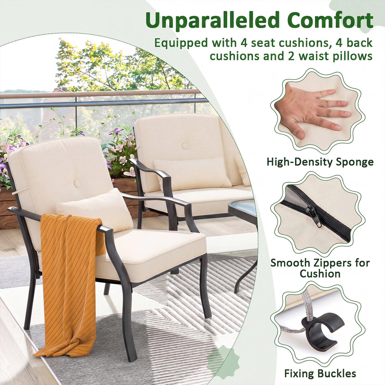 SUGIFT 2-Piece Patio Metal Chairs with Seat and Back Cushions 330-lb Capacity Black Frame Gray Cushions Beige
