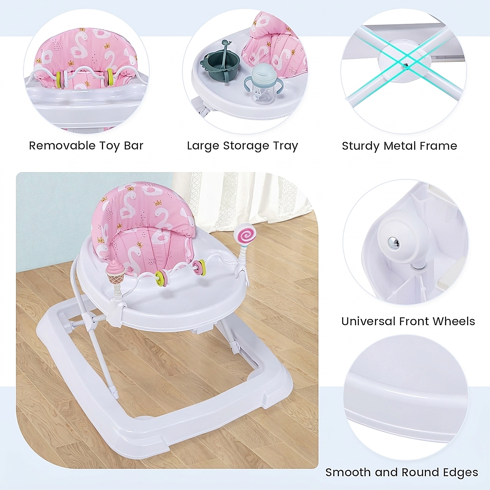 SUGIFT Foldable Baby Activity Walker Pink with Detachable Seat Cushion and Anti-Collision Frame