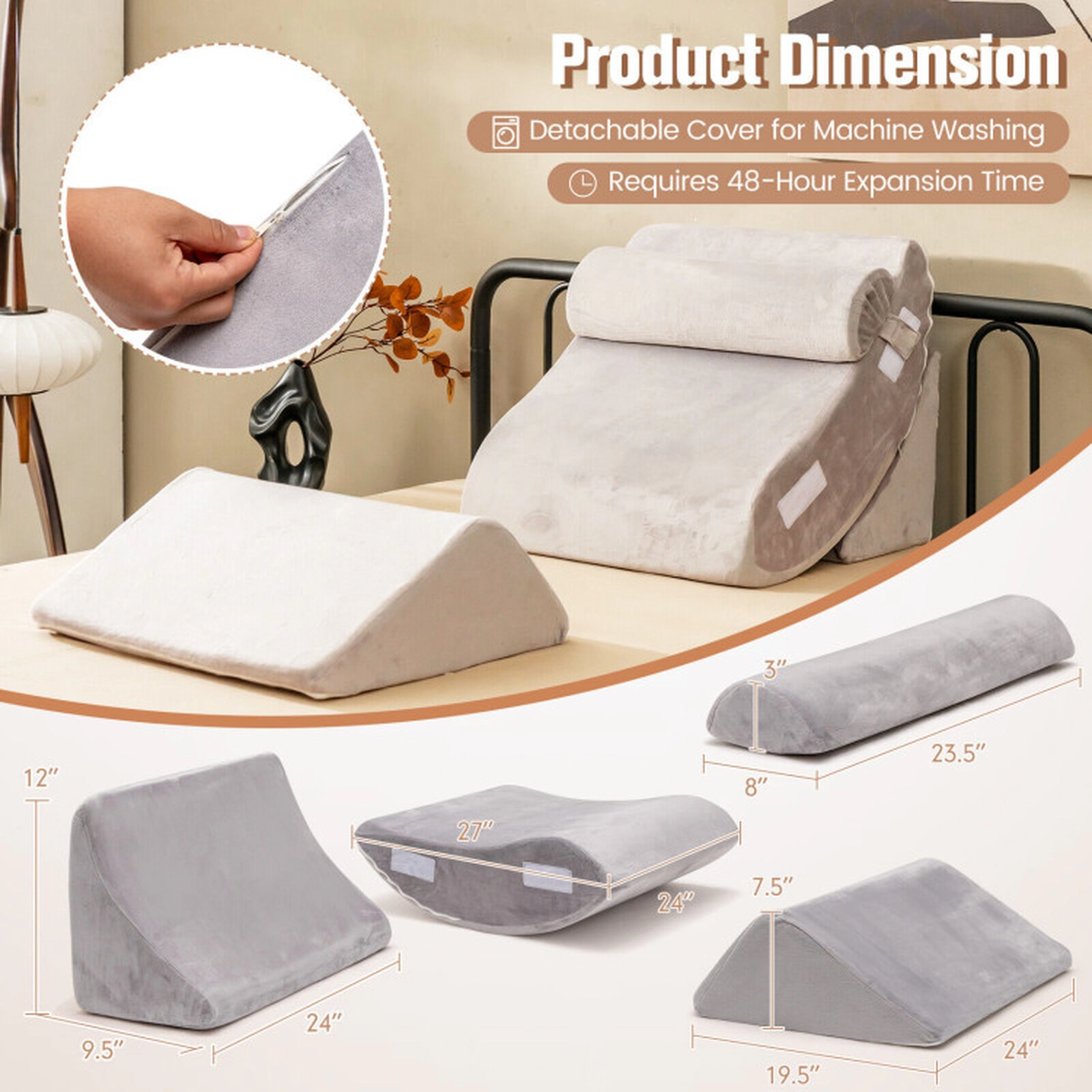 SUGIFT 4-Piece Memory Foam Bed Wedge Pillow Set Back Neck Leg Relief 24-in Wedge 27-in Backrest 23.5-in Headrest Gray
