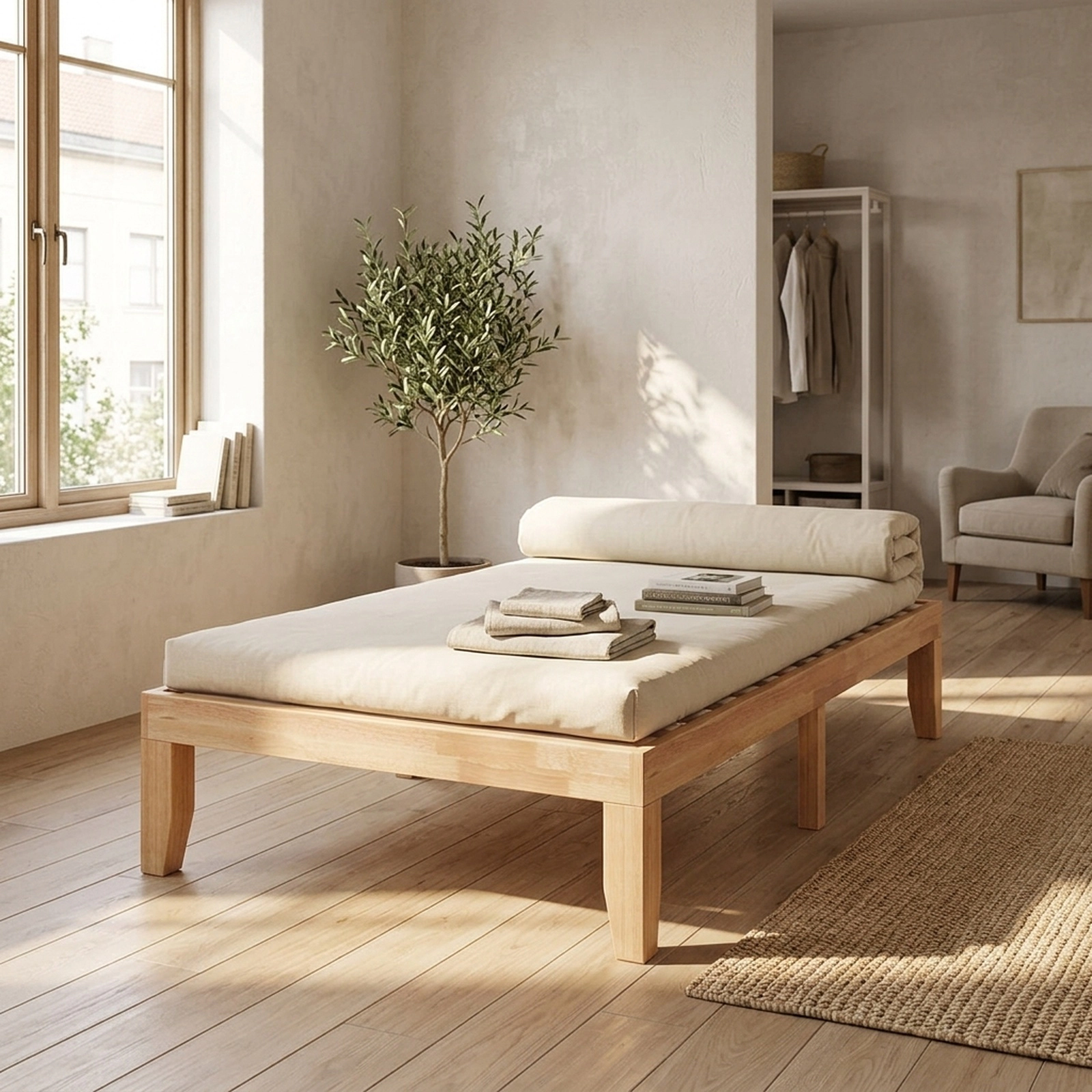 SUGIFT Twin Platform Bed Frame, 14-Inch Solid Rubberwood with Poplar Slats, 6 Legs, Natural