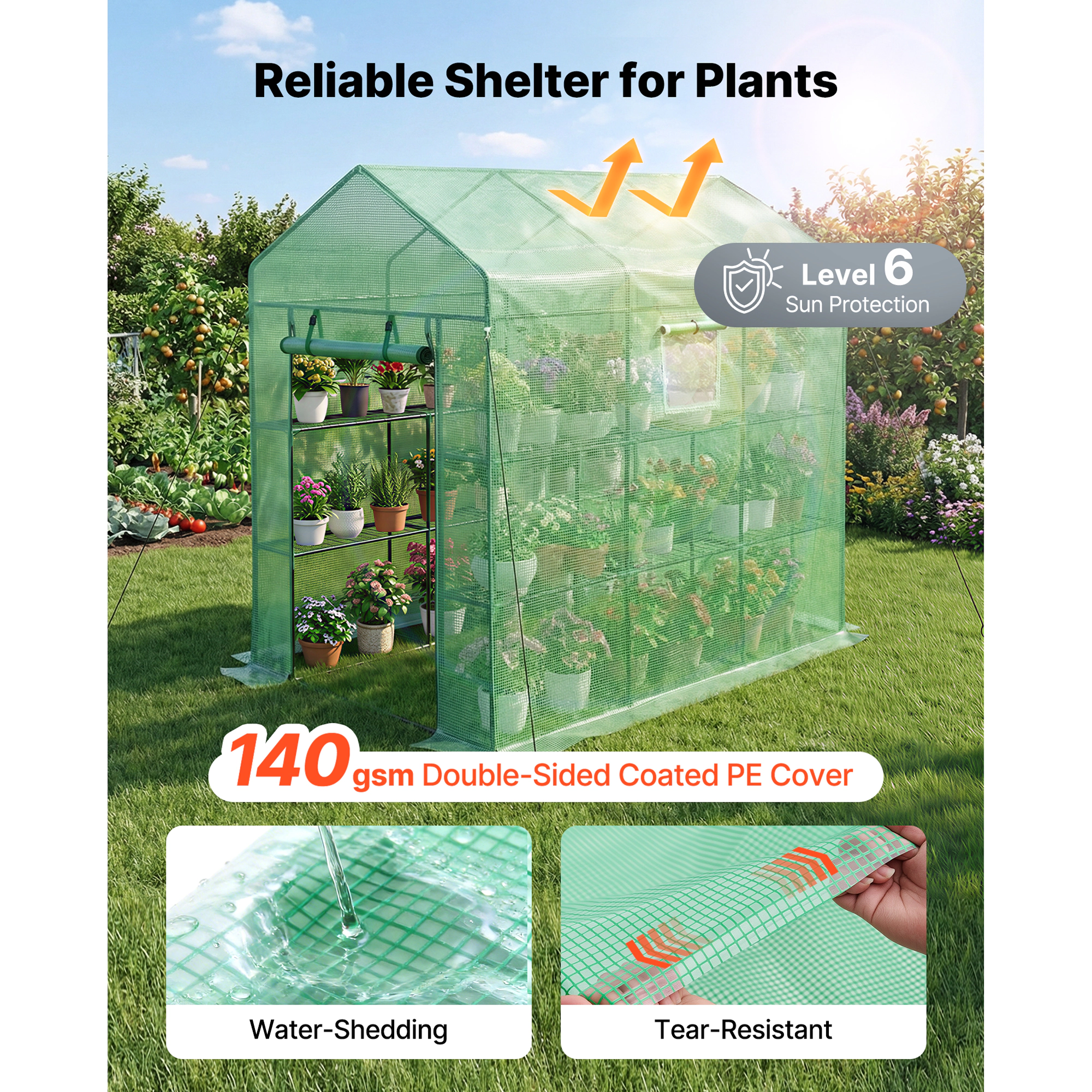 HONGGE Walk-in Green House Greenhouse with Shelves High Strength PE Cover with Zipper Door and Steel Frame Assembly in