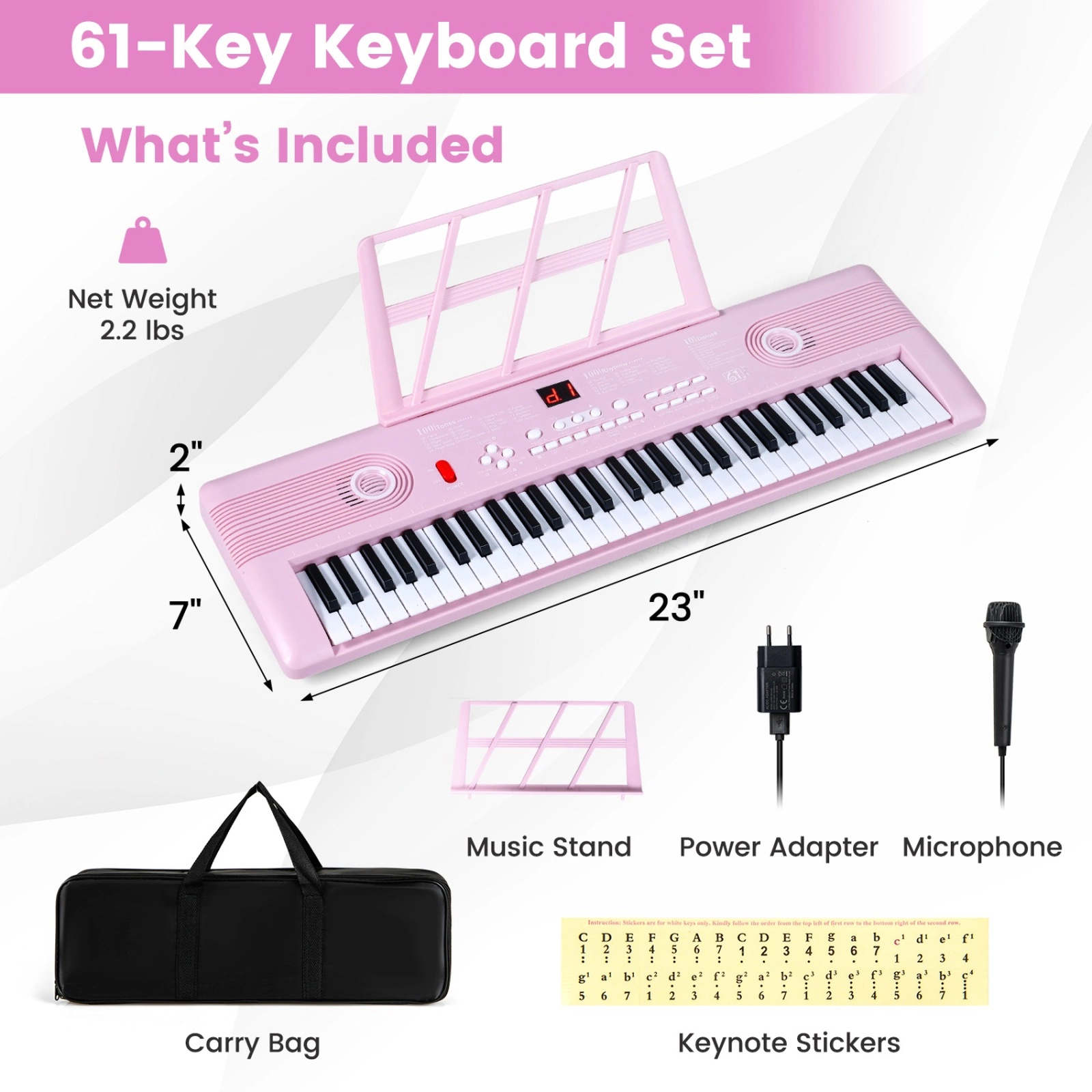 SUGIFT Pink 61-Key Portable Electric Digital Keyboard Piano with Dual Speakers Keynote Stickers and Mic