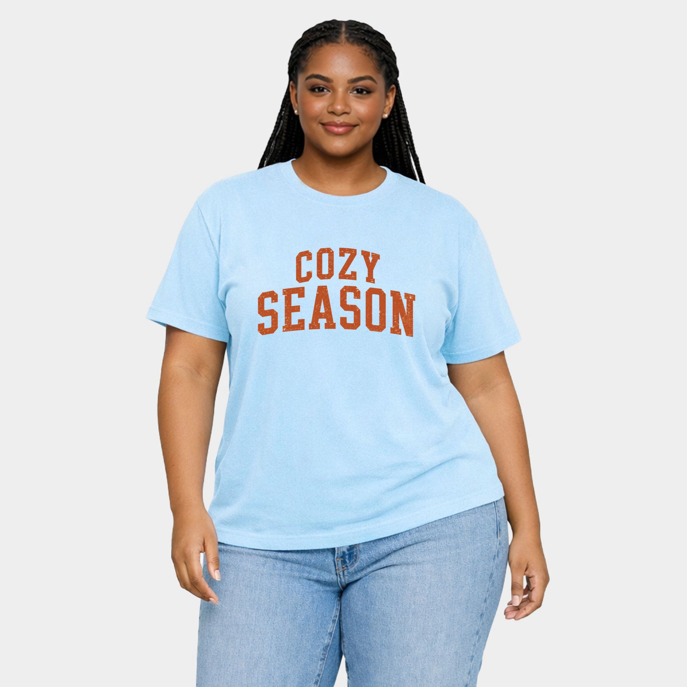 Simply Sage Market - Women's Plus Sized Garment Dyed Graphic T-Shirt Cozy Season Curved Varsity Stack