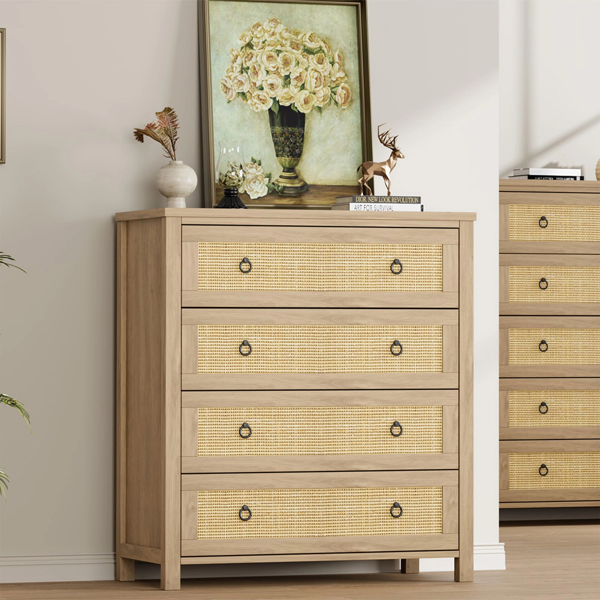 Rattan 4 Drawer Dresser, 37" Tall Wooden Storage Chest for Bedroom Living Room Hallway
