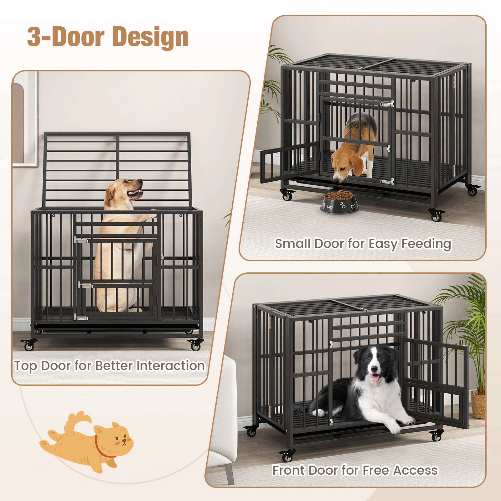 SUGIFT Foldable Heavy-Duty Dog Crate 135-lb Capacity Chew-proof Cage with Lockable Universal Wheels Black