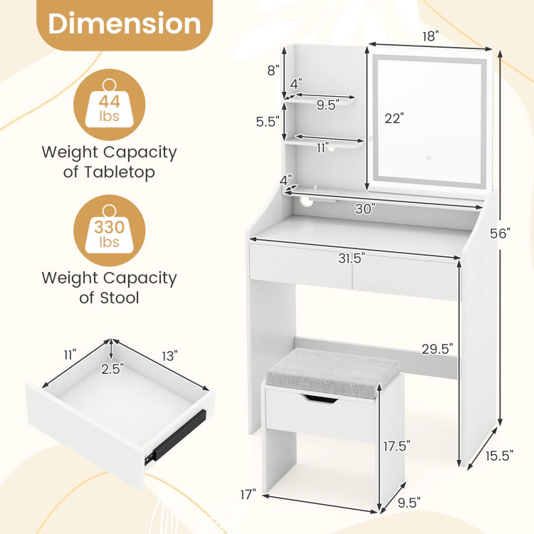 Hivvago Vanity Desk Led Lighted Makeup Table With 3 Color Modes