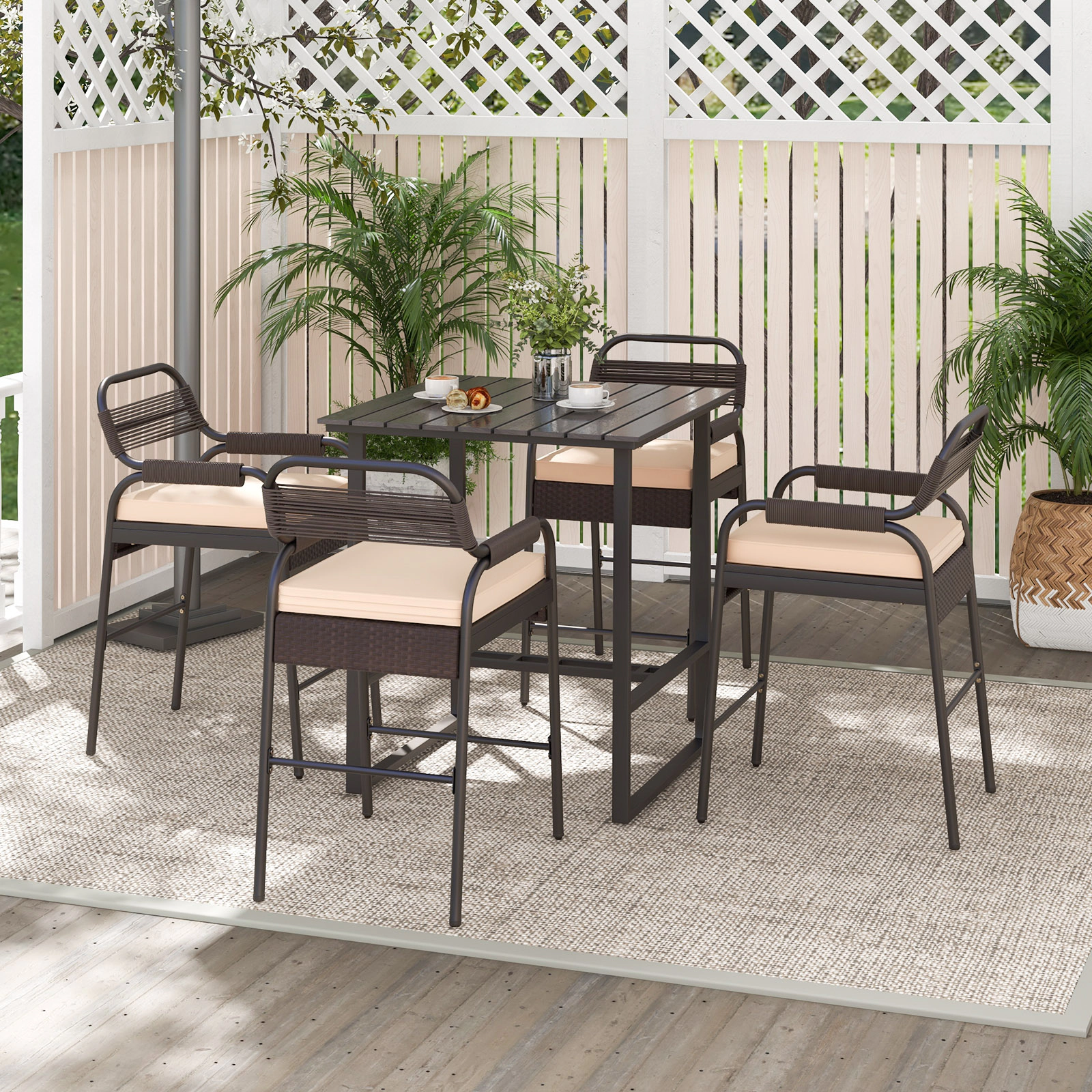 SUGIFT 5-Piece Outdoor Patio Bar Set, Polywood Table and 4 Cushioned Wicker Stools
