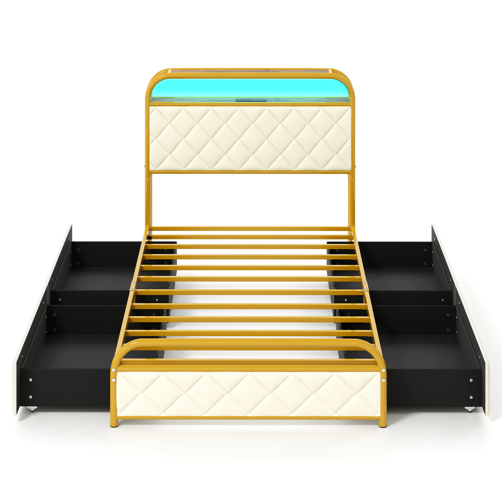 SUGIFT Twin Size Upholstered Bed Frame with LED Lights, Charging Station & Storage Drawers 440-lb Capacity Black/Golden